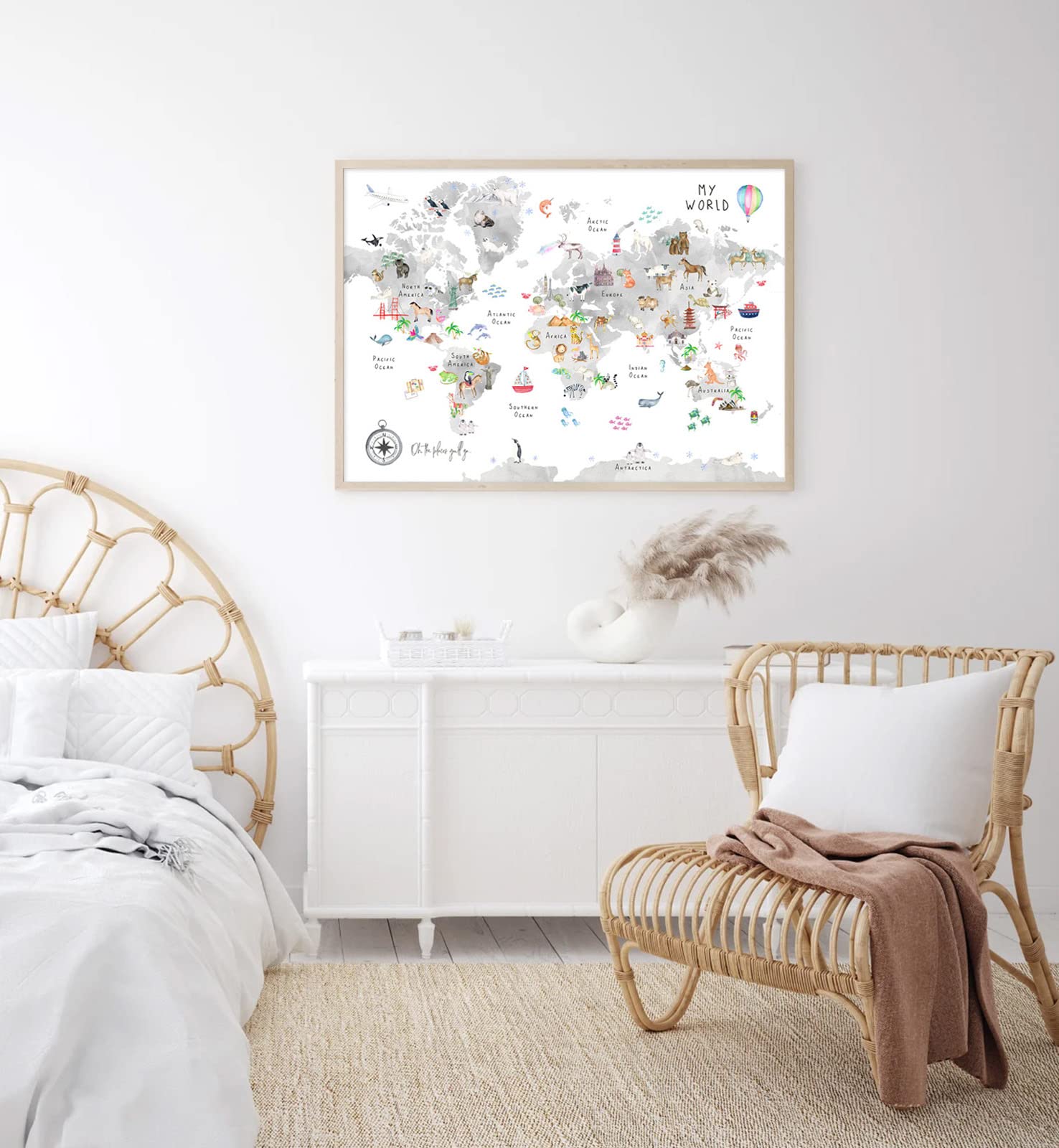 Joocrise Grey Kids World Map Wall Art Animal Map Canvas Wall Art Educational Wall Art Nursery Wall Decor World Map Poster Playro