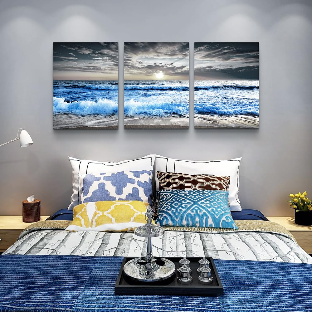 Mhartk66 Wall Decorations For Living Room 3 Piece Canvas Wall Art For Bedroom Office Wall Decor Blue Ocean Wave Seascape Picture