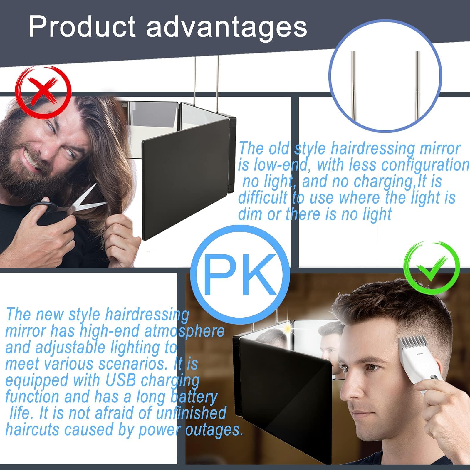 Janmpask Led 3 Way Mirror For Self Cutting Mirror Vanity Mirror Barber Supplies Accessories 360 Makeup Mirror With Light Trifold