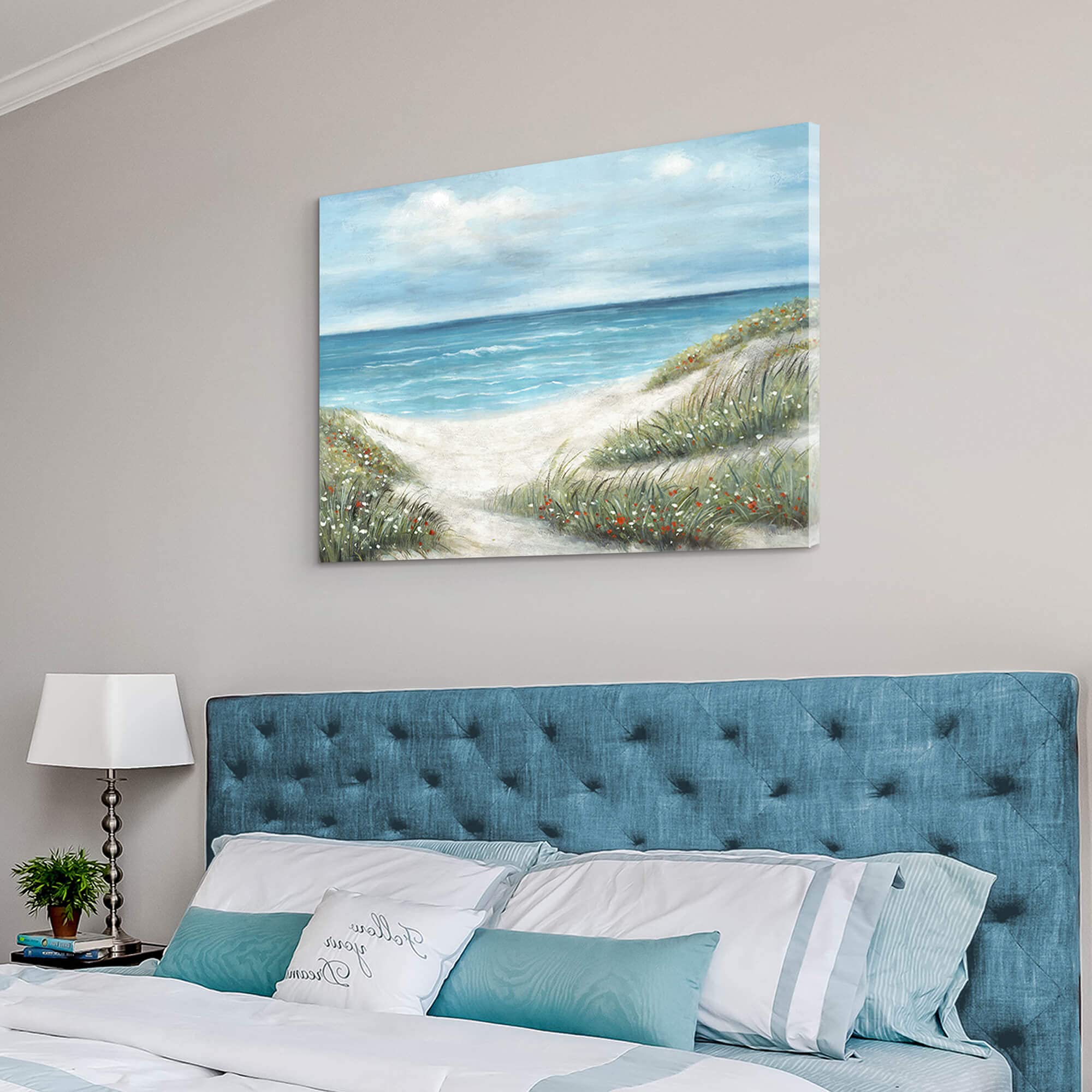 Wallsup Decor Canvas Wall Art Beach Scenes - Coastal Picture Print Artwork With Hand Painted Textured On Seaside Grass And Ocean