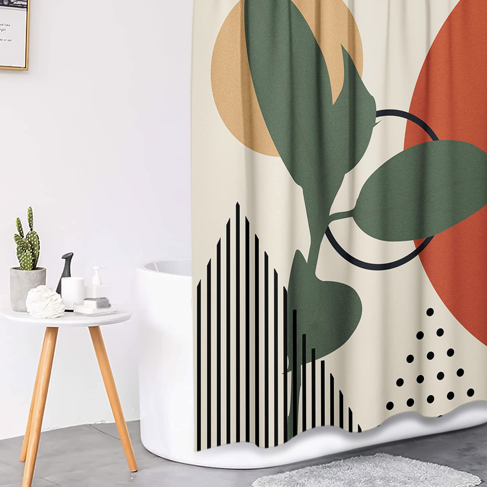 Tayney Boho Mid Century Shower Curtain Set With Toilet Lid Cover And Non-Slip Rugs, Abstract Botanical 4 Pcs Shower Curtain Set,