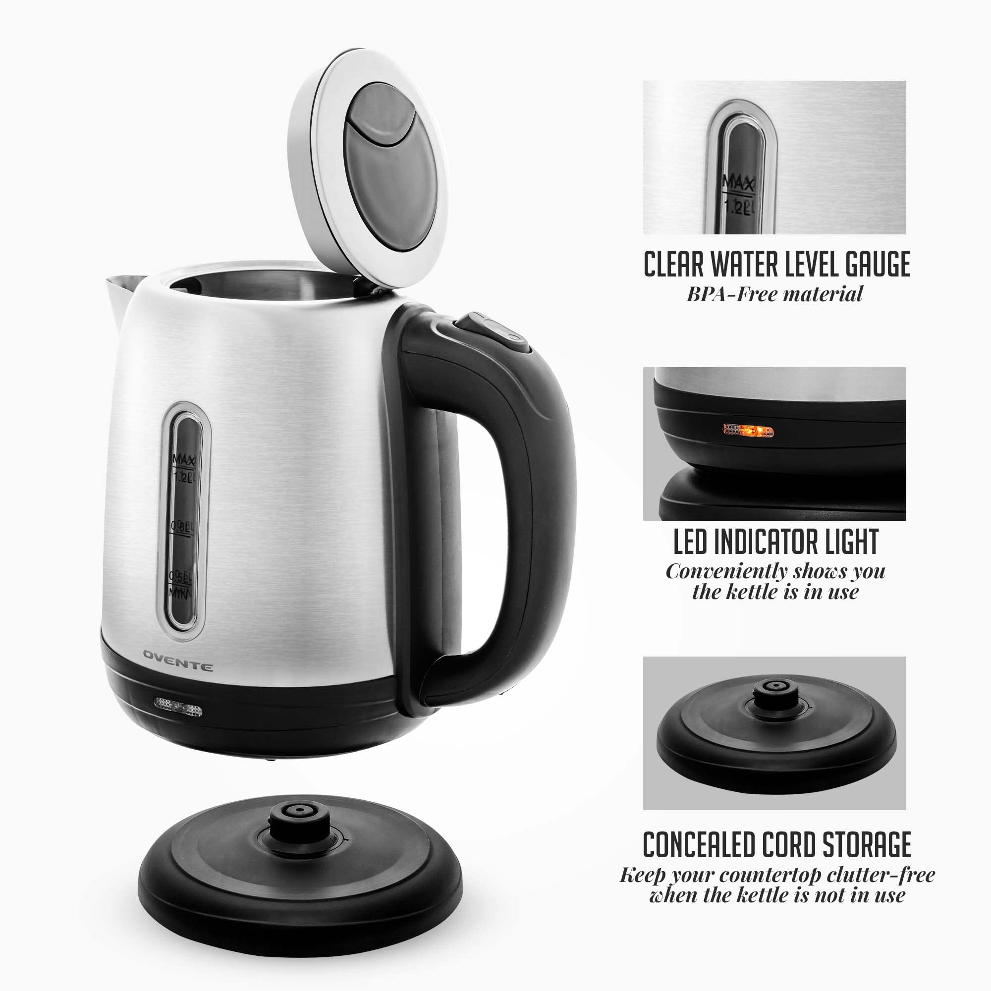 Ovente Electric Tea Kettle Stainless Steel 1.2 Liter Portable Instant Hot Water Boiler Heater 1100W Power Fast Boiling With Cord