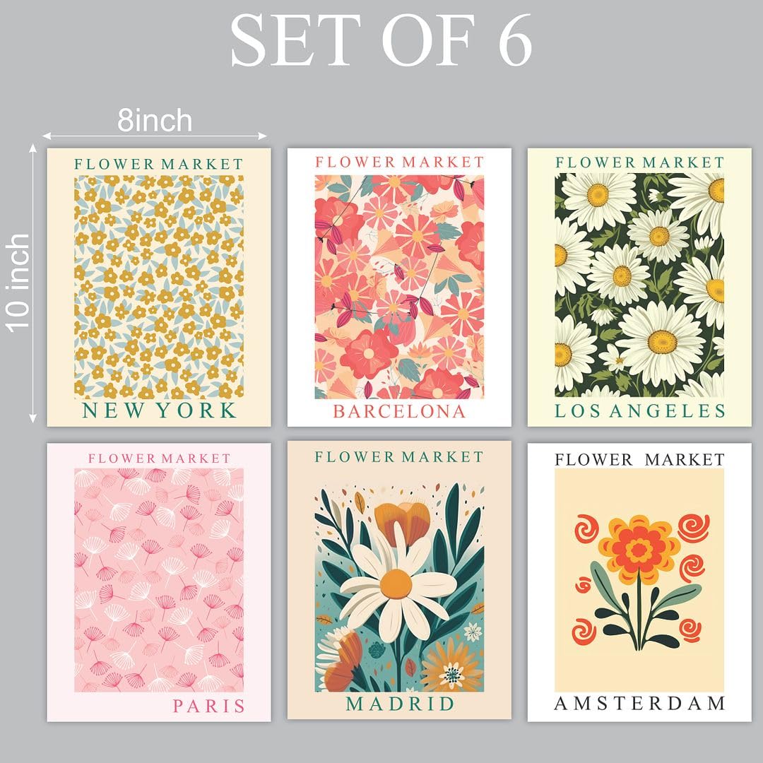 Cvanu Set Of 6 Beautiful Flower Market Botanical Design Printed Aesthetic Wall Art Collage Kit Posters With Glue Dot Tape For Ha