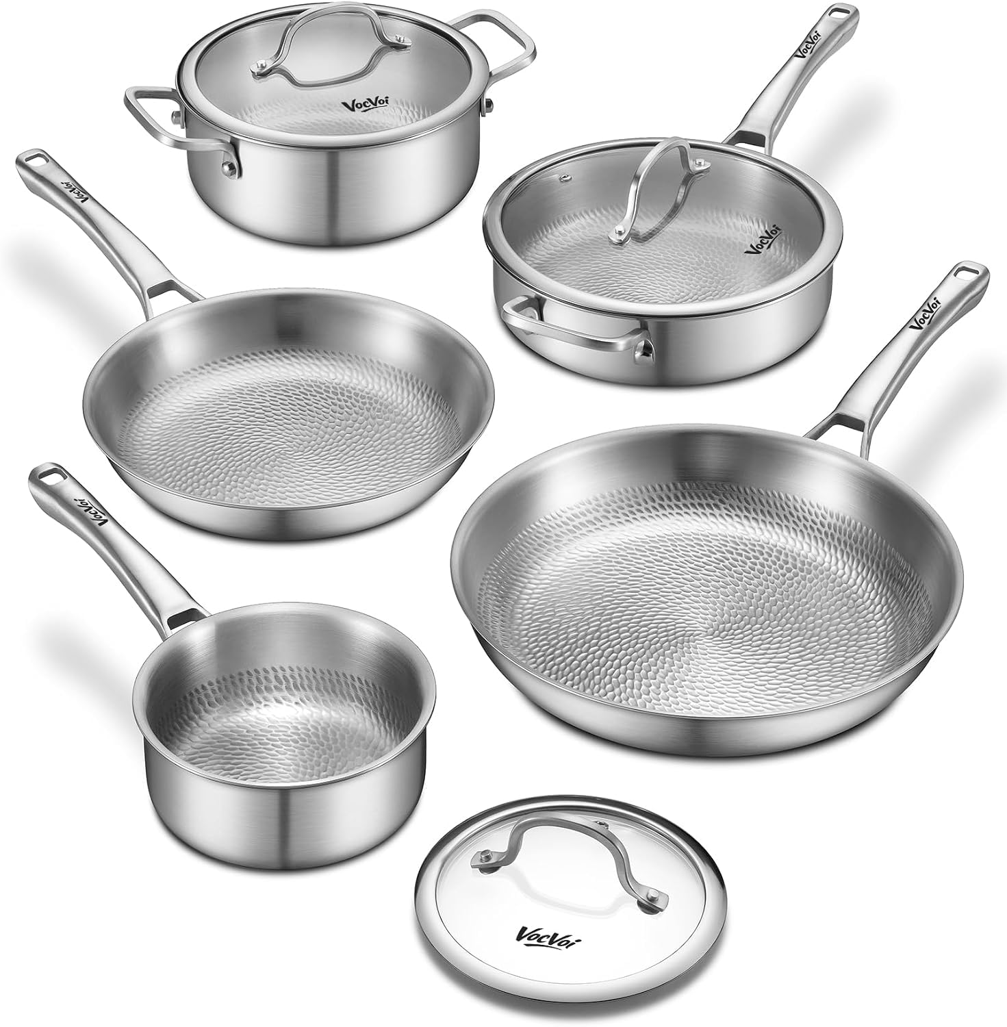 Titanium pans for cooking Non Stick with lid,8pcs Uncoated Hammered titanium pro frying pan, PFAS Free Cookware, Butter warmer s