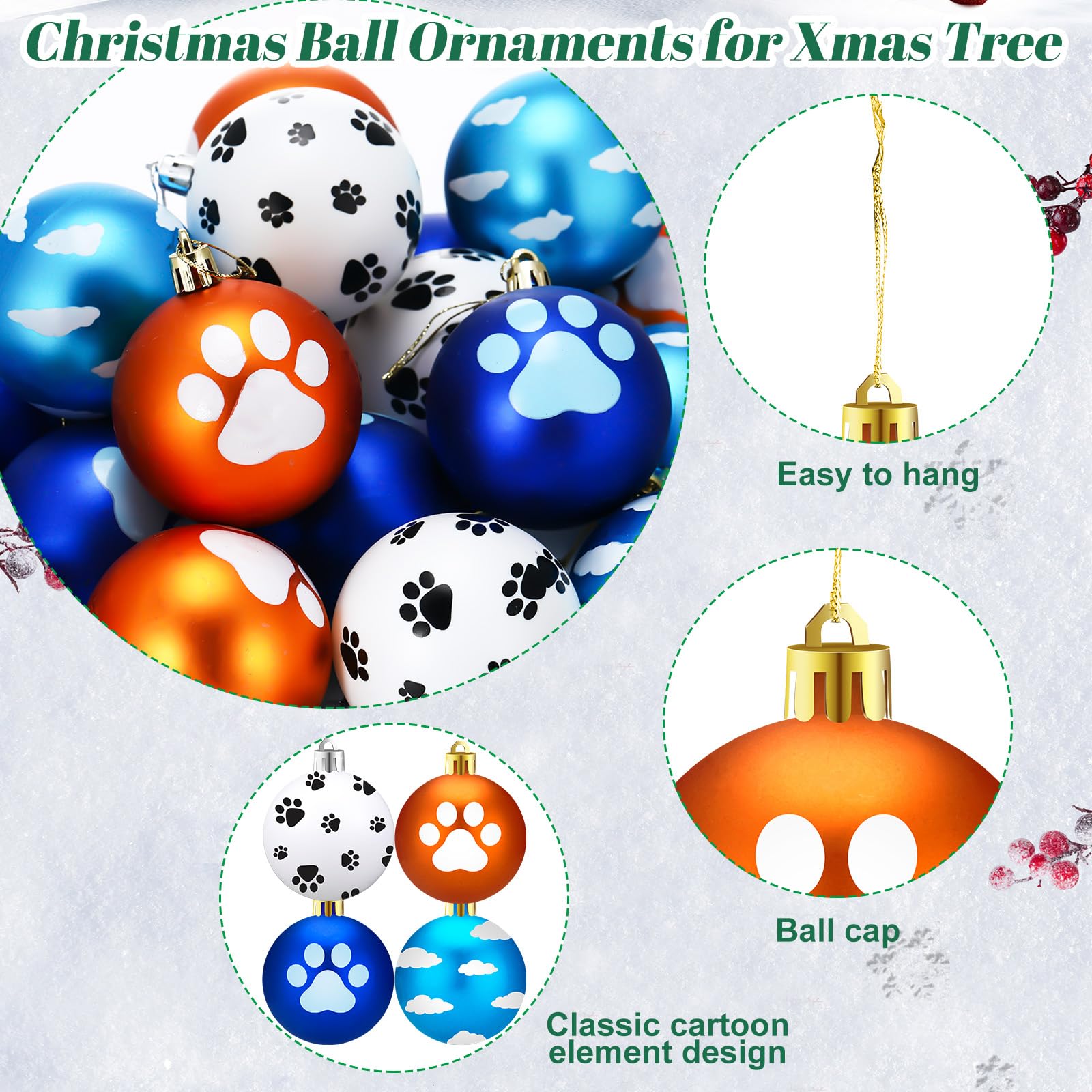 Hollowfly 24 Pcs Blue and Orange Christmas Dog Tree Ornaments 2.36 Inch Sky Cartoon Paw Clouds Christmas Ball Ornaments Set Plas