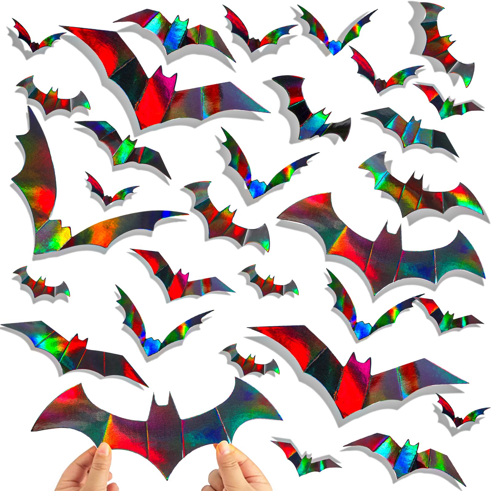 Kimober 144Pcs Halloween Bats Wall Decor,Iridescent Holographic Paper 3D Bat Wall Decal Stickers For Halloween Party Supplies