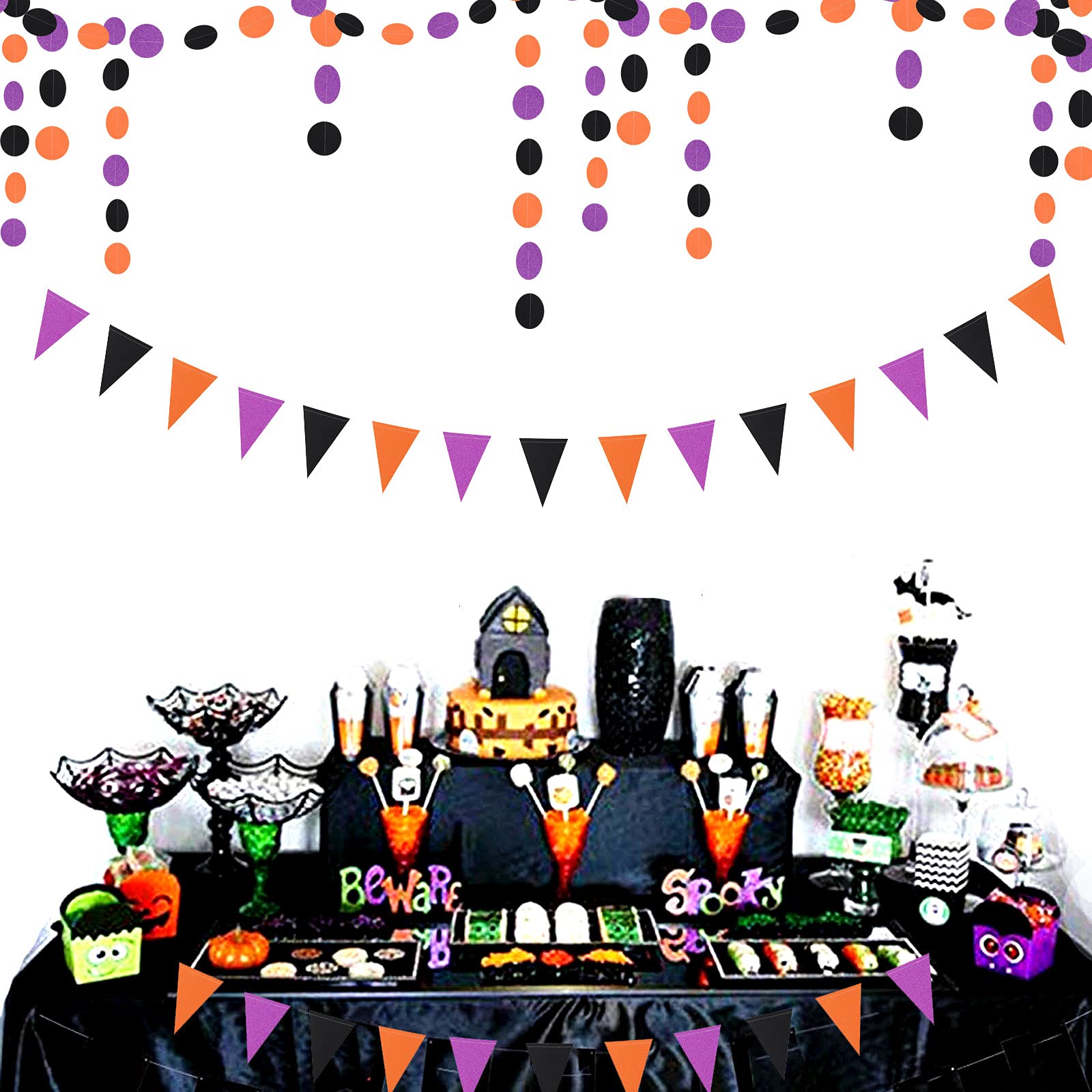 Black Orange Purple Halloween Party-Decorations Banner,2 Pack Graduation 2024 Birthday Baby Shower Streamers Garland Decor Glitt