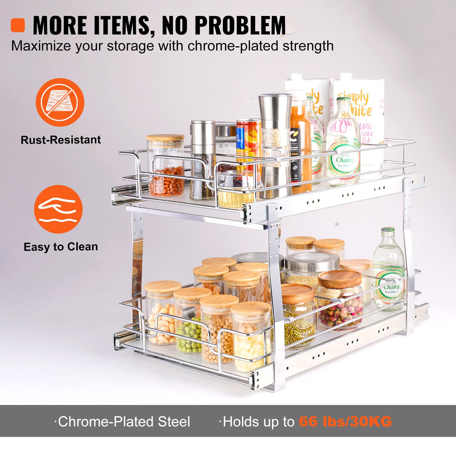 Vevor 2 Tier 13''W X 21''D Pull Out Cabinet Organizer, Heavy Duty Slide Out Pantry Shelves, Chrome-Plated Steel Roll Out Drawers