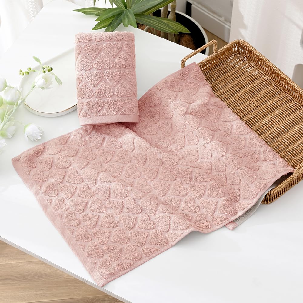 Yiluomo Full Embossed Hearts Pattern Pink Hand Towel Set Of 2 100% Cotton Super Soft Highly Absorbent Decorative Hand Towels For