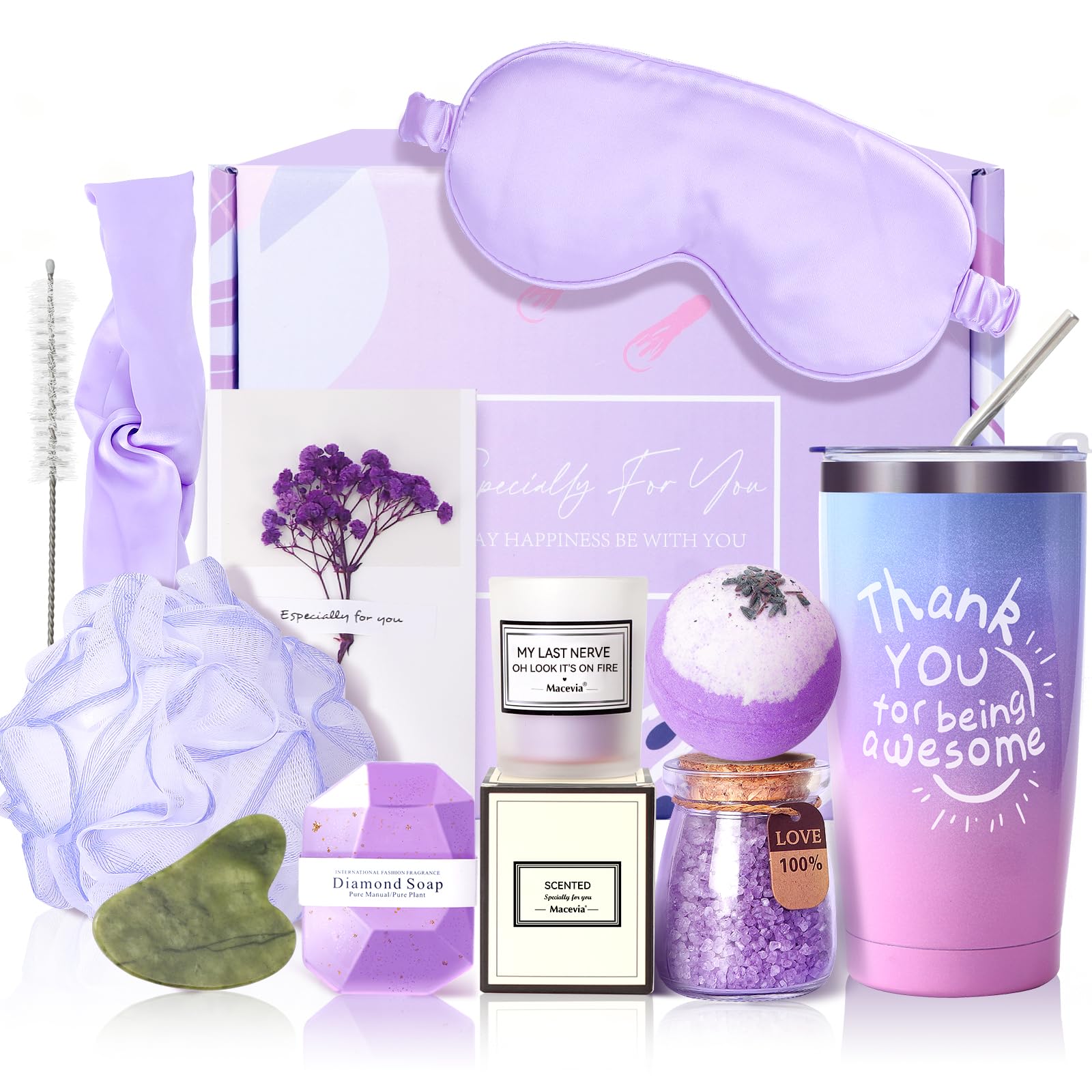 Macevia Birthday Gifts for Women, Unique Relaxing Lavender Gift Basket Set for Birthday, Mothers Day, Care Package Gifts for Mom