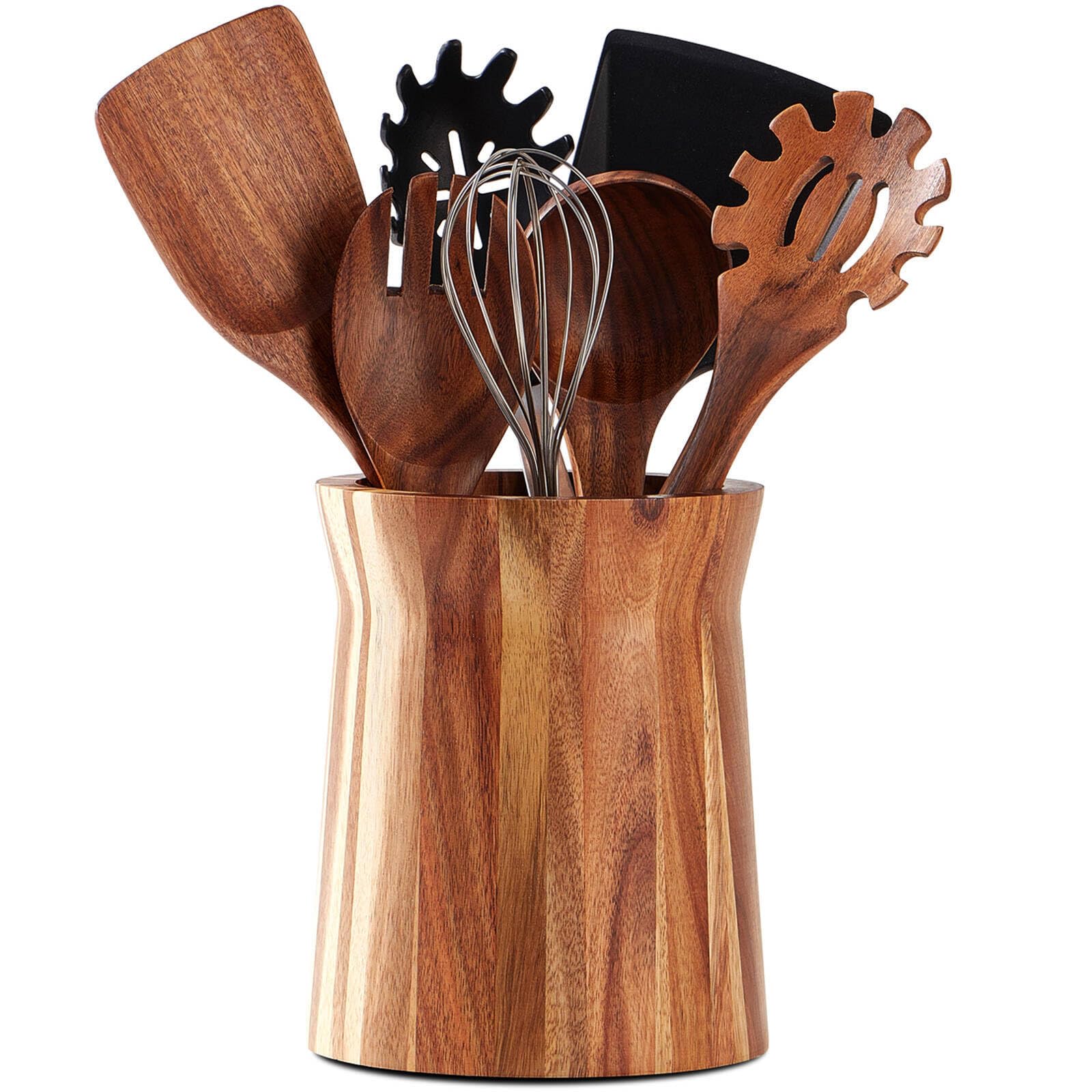 Lohoner Wooden Utensil Holder For Countertop, 360 Rotating Kitchen Utensil Holder, 7.2''X 6'' Large Acacia Cooking Utensil Holde