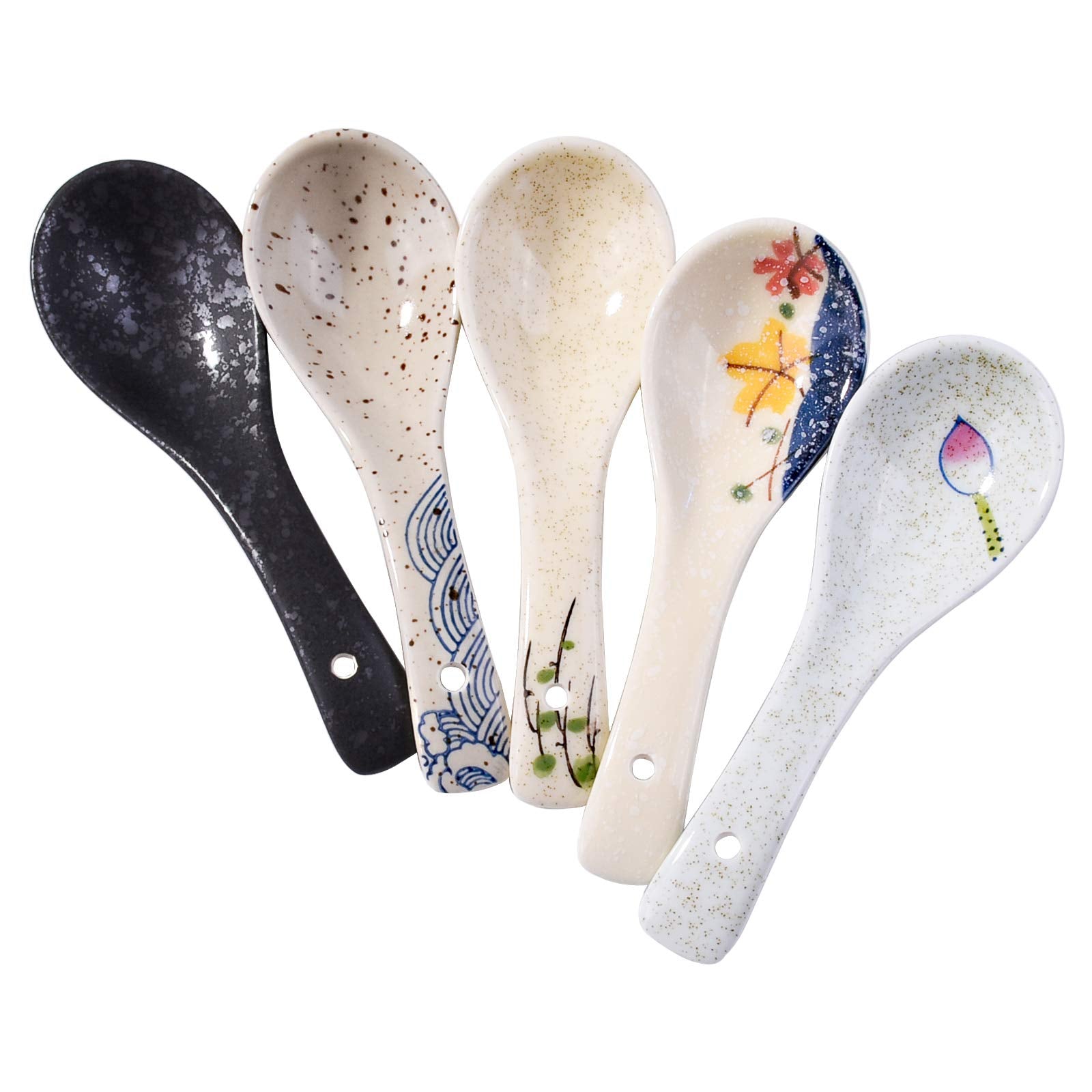 Japanese Soup Spoons Set Of 5, Delicate Asian Ceramic Ramen Spoon Suitable For Gravy Cake Pho Oatmeal Chaos Dumplings Salad As A