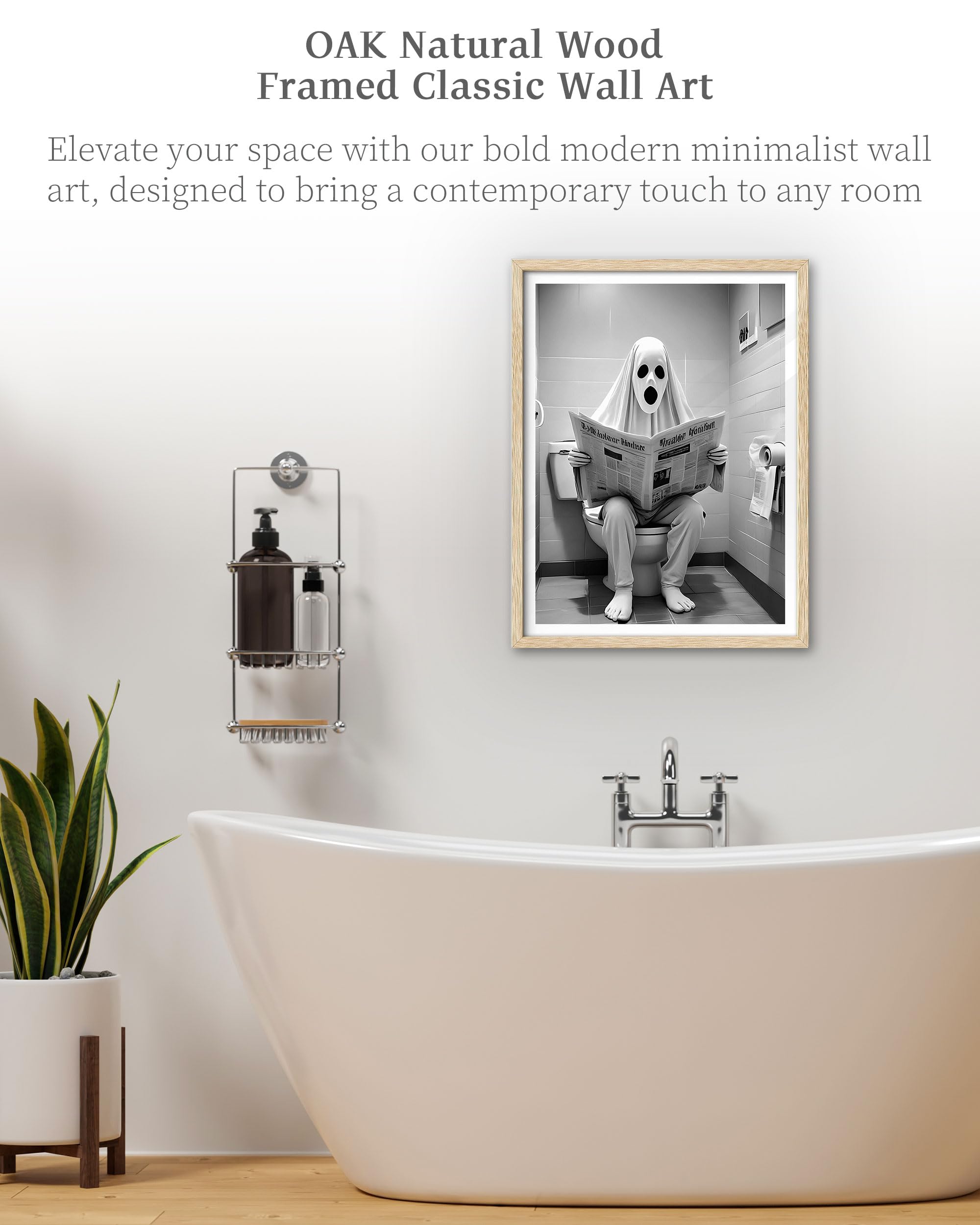 Ihery Natural Oak Wood Ghost Reading Newspaper On Toilet Framed Wall Art, 12X16 In Canvas Prints, Black And White Hypebeast Bath