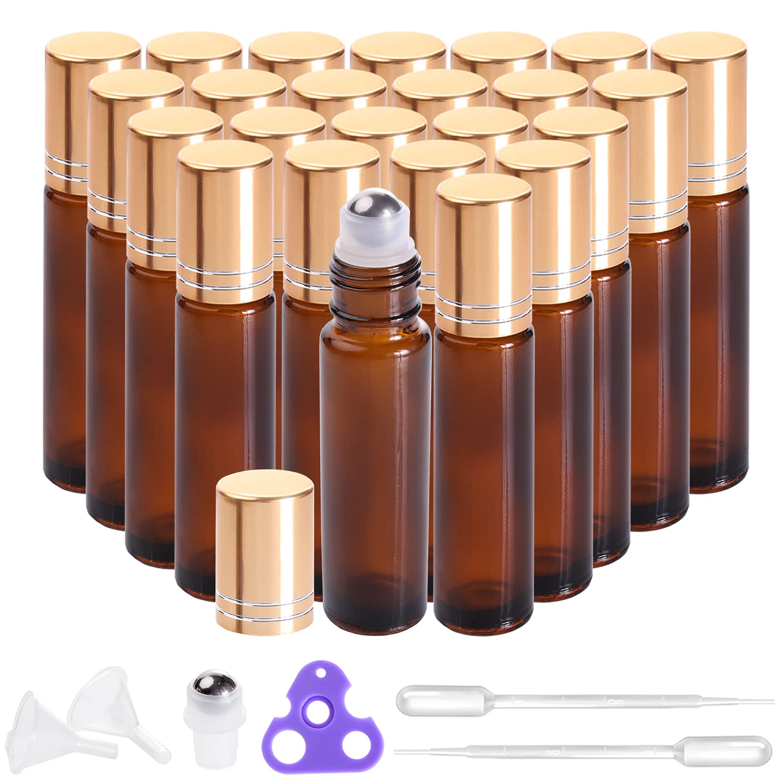 Prettycare Roller Bottles For Oils 10Ml (Amber Glass, 24 Pack, 4 Extra Stainless Steel Balls, 48 Labels, Openers, 2 Funnels, 2 D