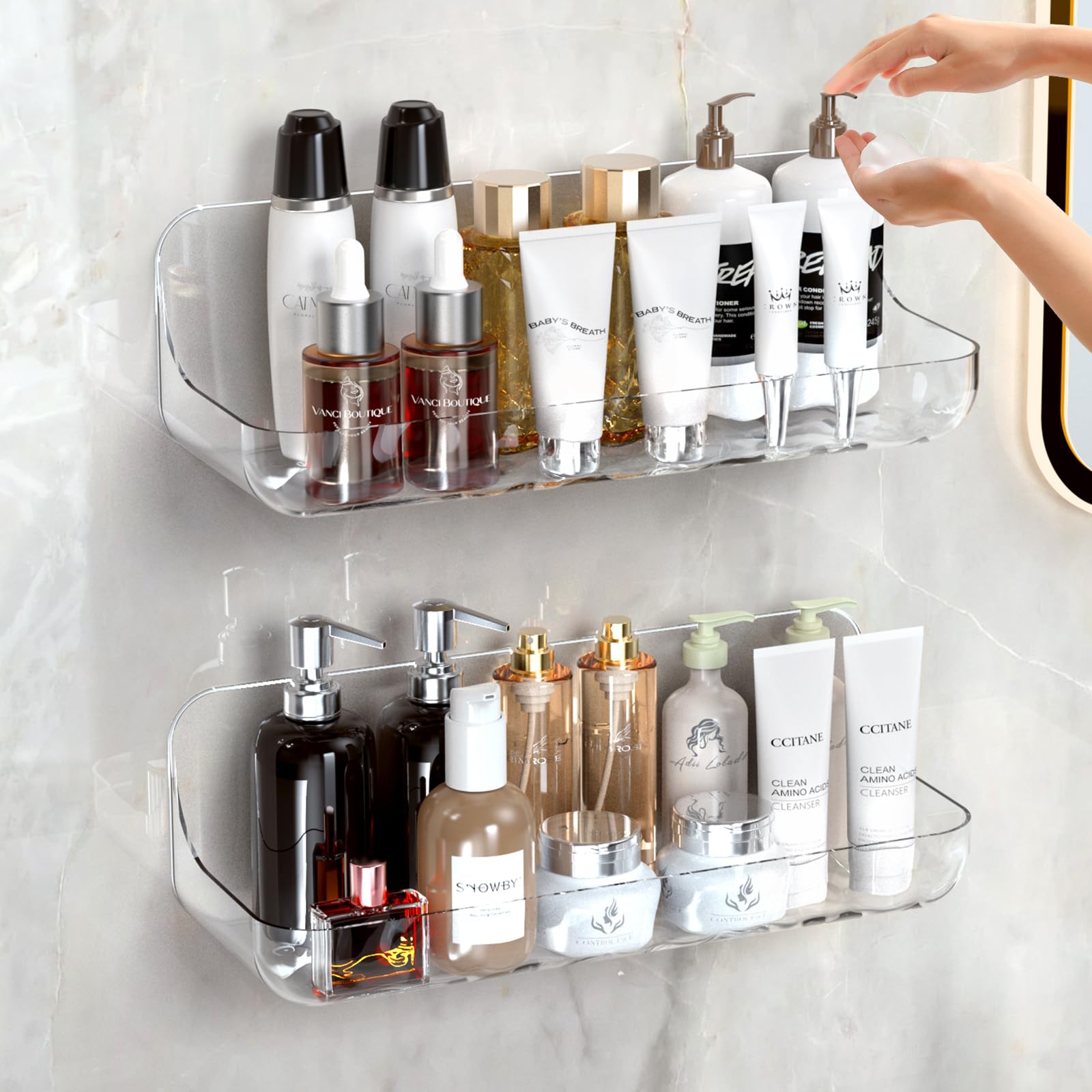 Lsnisni Acrylic Shower Shelves 2 Pack, Adhesive Clear Bathroom Shelf, Plastic Shower Caddy with Self Adhesive Tape, No Drilling,