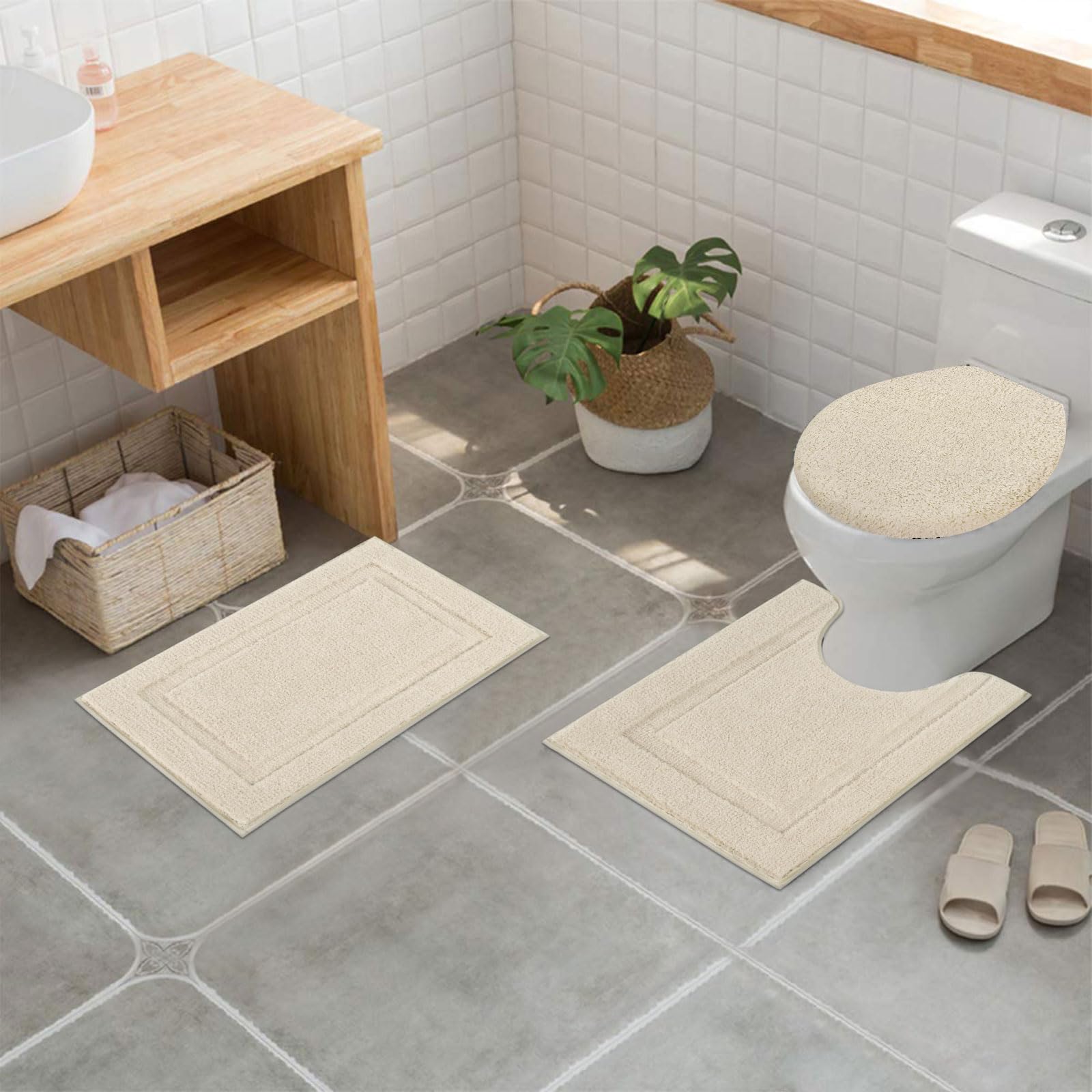 Shacos Microfiber Bathroom Rugs Set Of 3 With Toilet Lid Cover Non Slip Washable Bath Mat Absorbent Bathroom Carpet 16''X24''+U