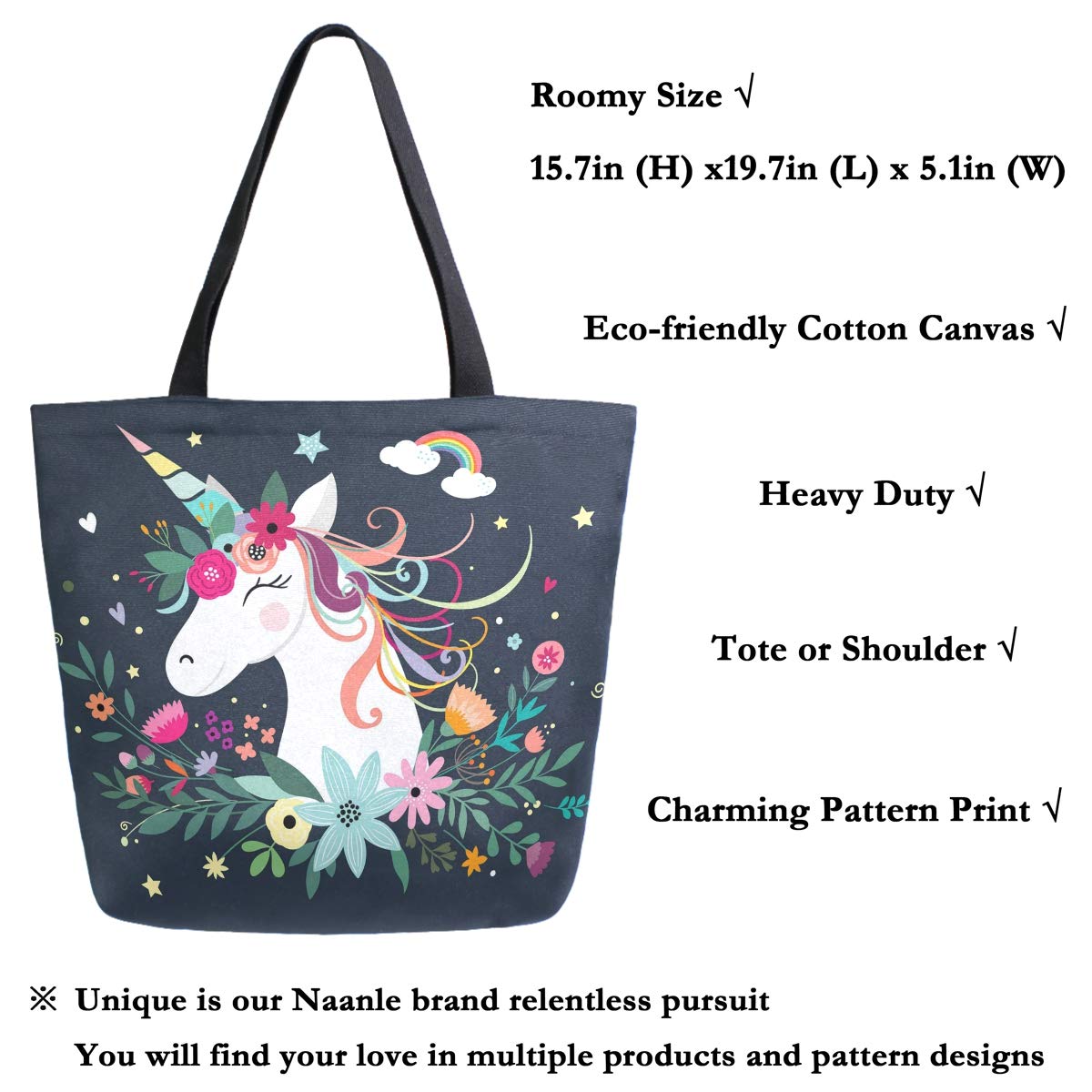 Naanle Floral Unicorn Canvas Tote Bag Large Women Casual Shoulder Bag Handbag, Fantasy Unicorn Reusable Multipurpose Heavy Duty