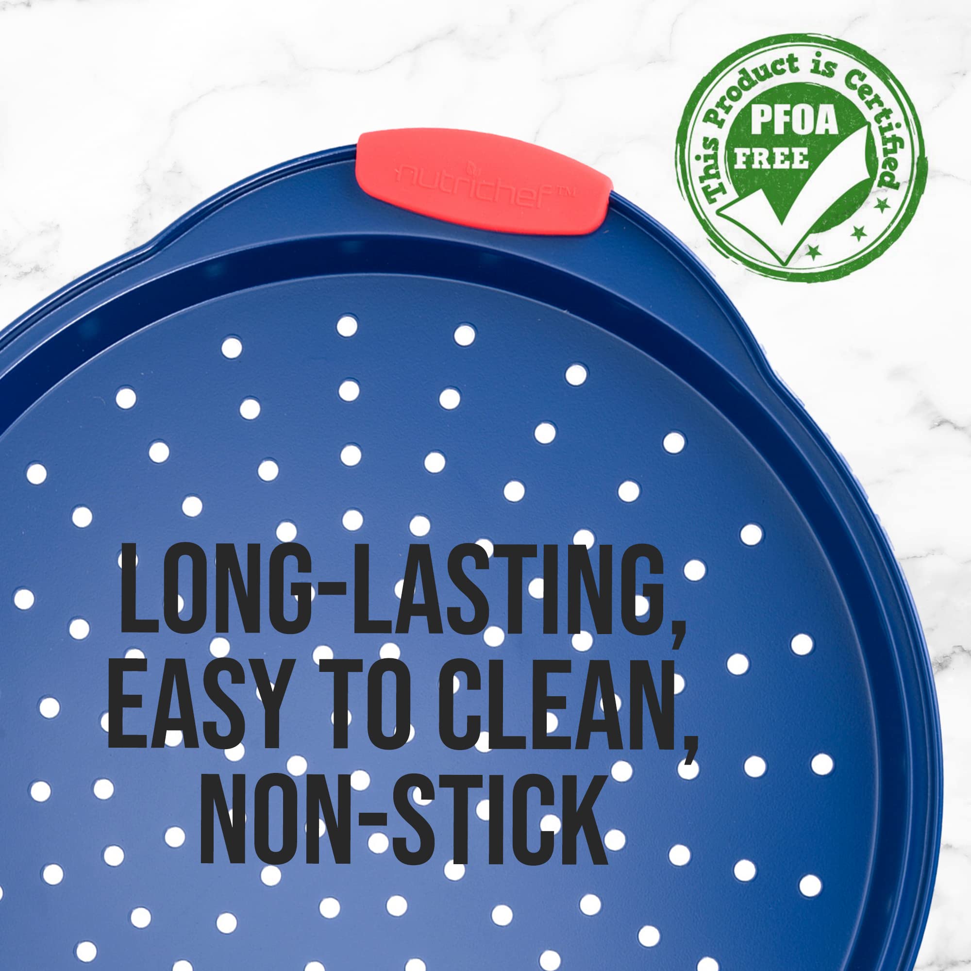 NutriChef Non-Stick Pizza Tray, Carbon Steel, Round, Dishwasher Safe, Blue, Model NCBPIZ5