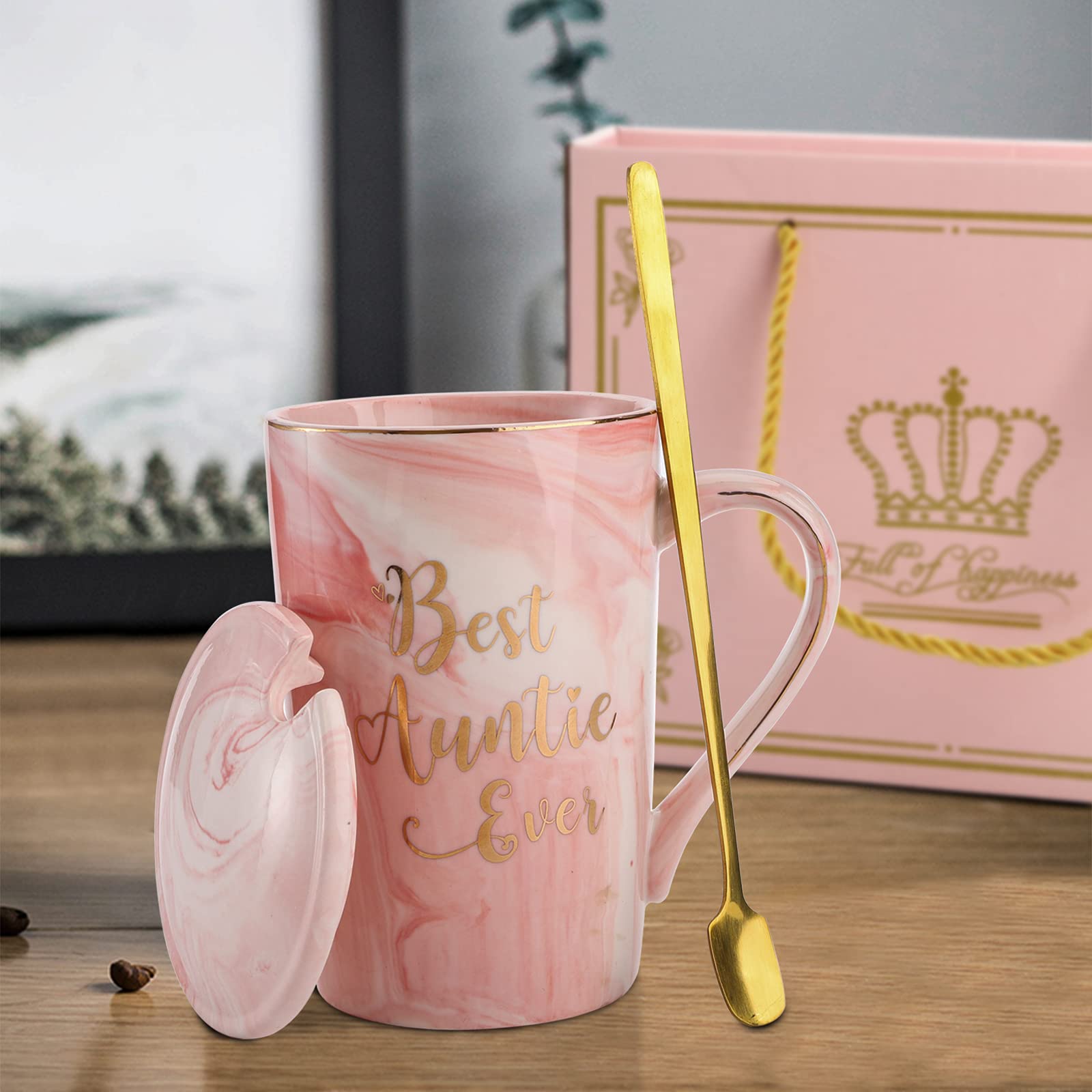 Hedume Best Auntie Ever Mug, 12 Oz Pink Marble Ceramic Coffee Cup With Gifts Box And Greeting Card, Aunt Gifts From Niece And Ne