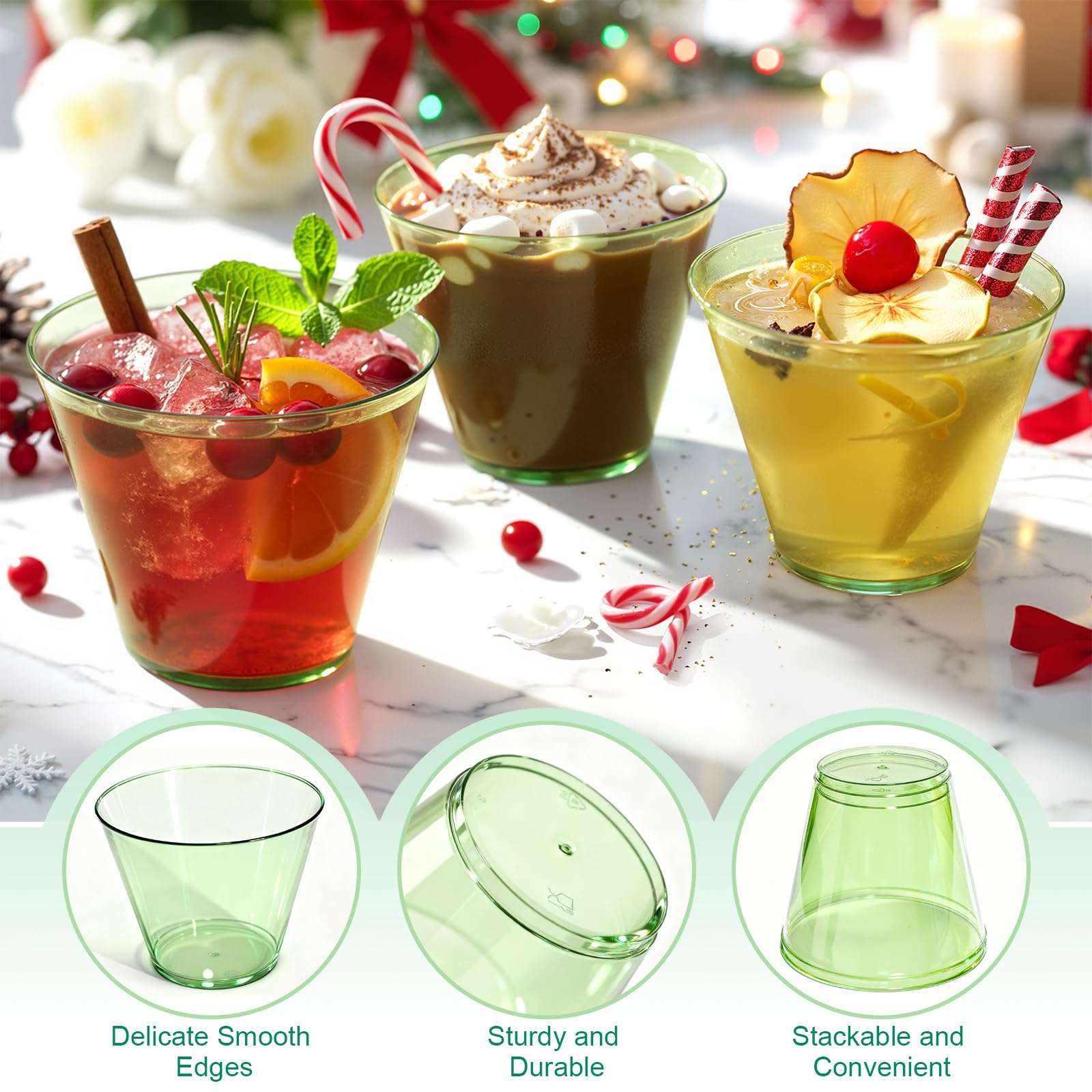 50 Pack Plastic Disposable Cups 9 oz Green Drinking Glasses for Cold Water Sturdy Plastic Cup for Cocktails Cups Bulk for Weddin