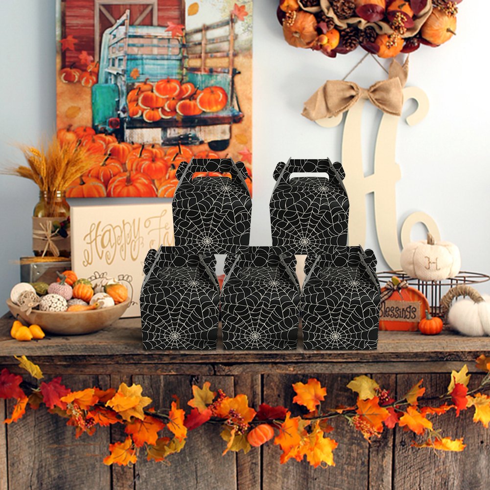 Hooqict 24Pcs Halloween Favor Boxes Paper Black Spider Web Gift Bags Halloween Treat Boxes For Halloween Kids Birthday Decoratio