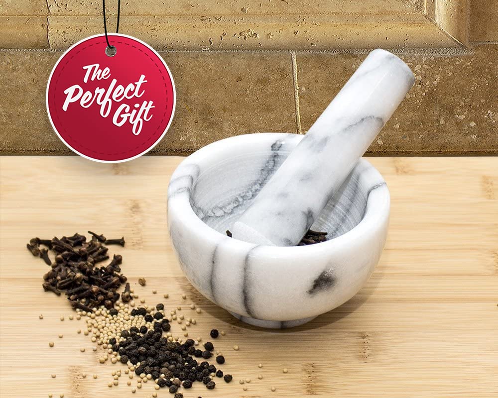 Greenco Mortar And Pestle Set, White Marble Stone Mortar And Pestle Grinding Bowl, Small 4.5 Inches, Kitchen Essential For Spice