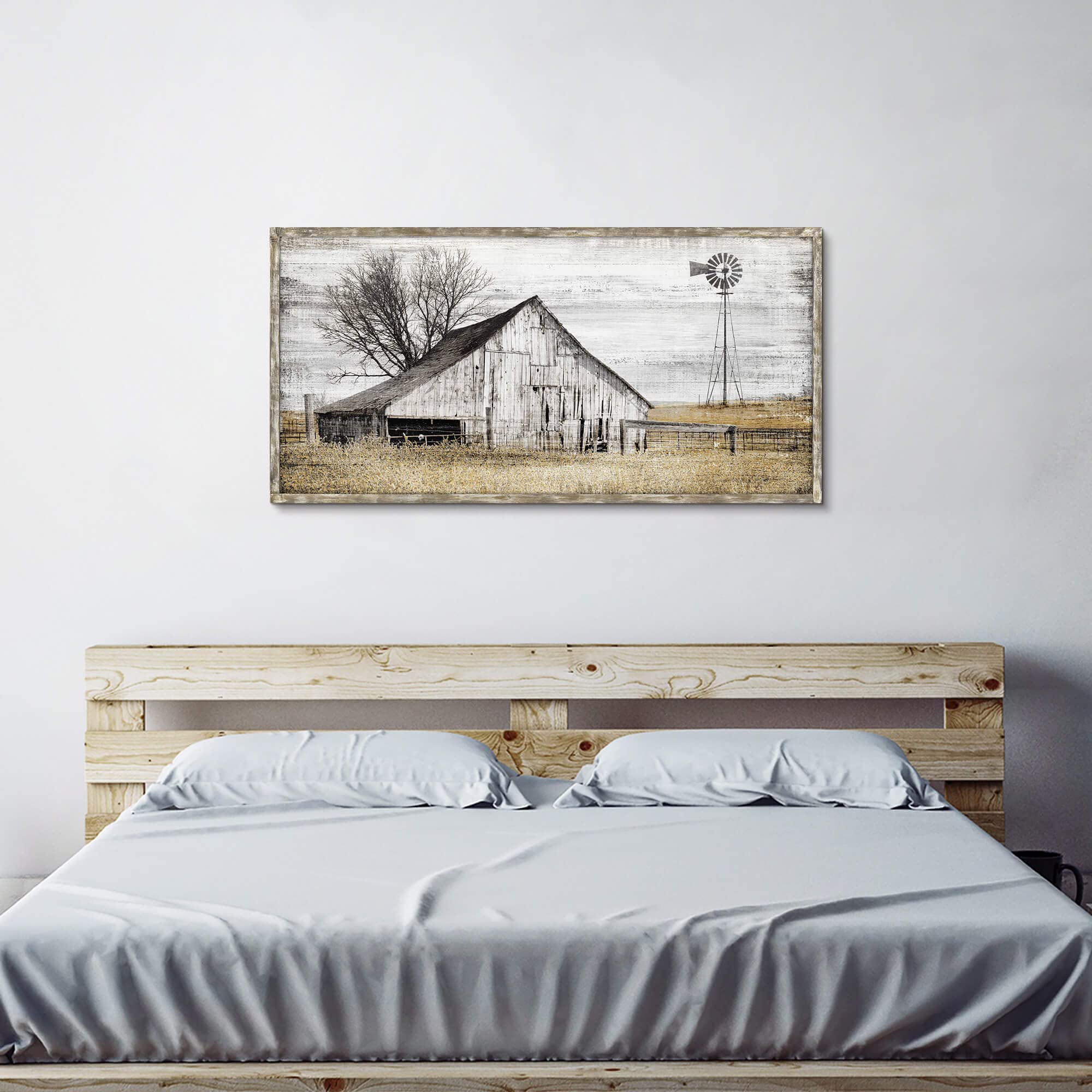 Farmhouse Framed Wall Art Picture: Rustic Barn Farm Wood Artwork Decor Large Country Landscape Windmill Print Horizontal Panoram