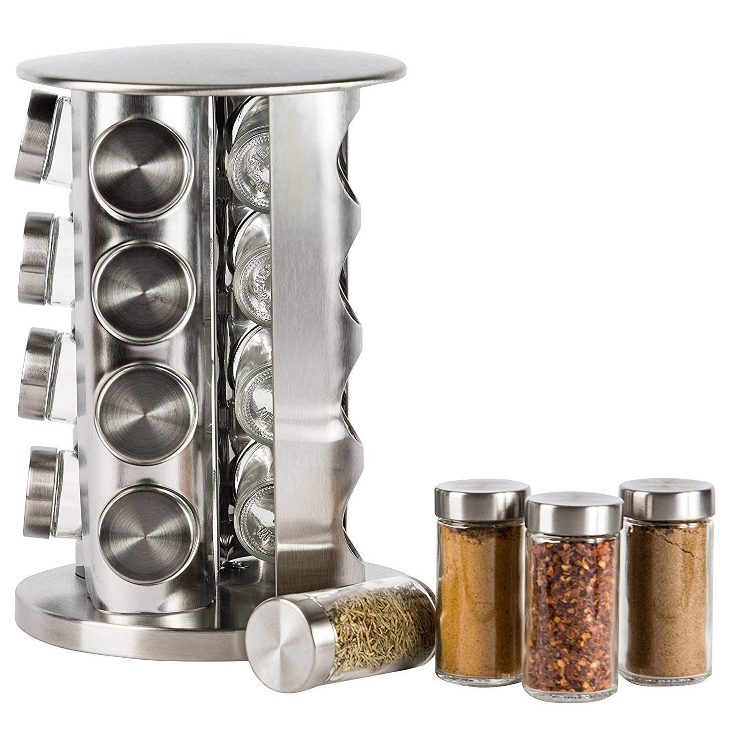 Vbm Revolving Spice Tower | Round Spice Rack | Set Of 16 Spice Jars | Seasoning Storage Organization | Stainless Steel 16 Spice 