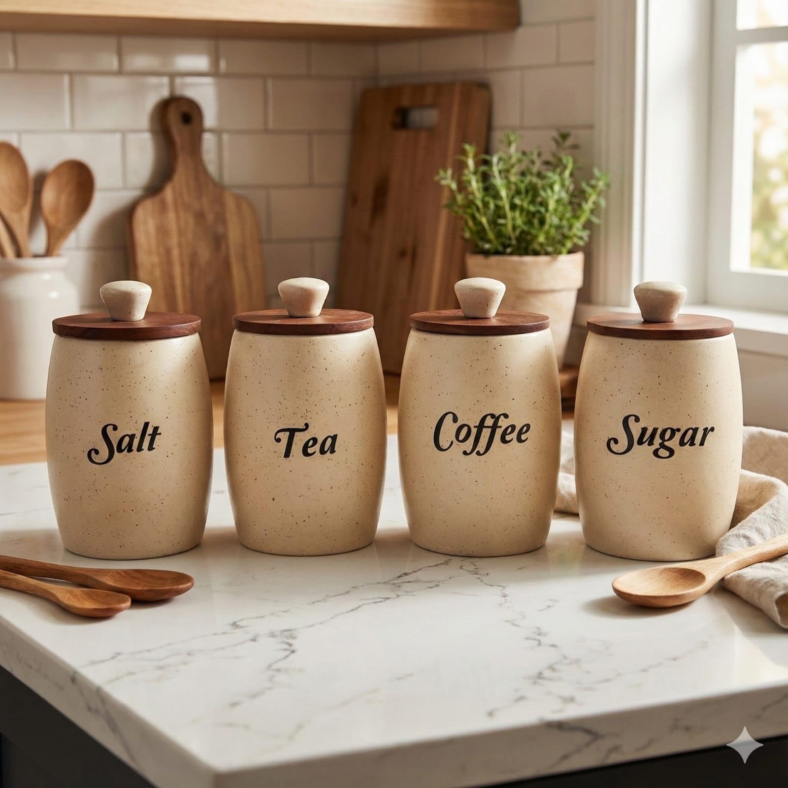 Craftshila Ceramic Tea Coffee Sugar Salt Containers Set Of 4 With Wooden Lids | Jar & Container For Kitchen Storage Set | Multi 