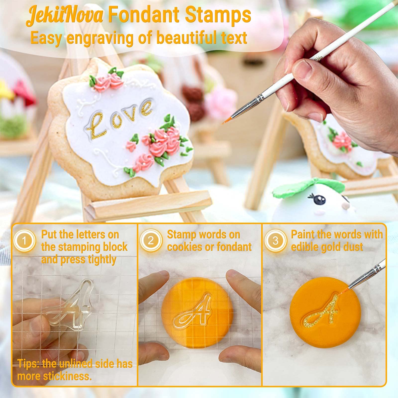 4 PCS Alphabet Letter Fondant Stamps for Biscuit Cake Cookie  Upgraded Food Grade Alphabet Cake Stamp Tool Uppercase Extra Spare Lowercase Numbers Phrases for Christmas Party Reusable Cookie Stamp