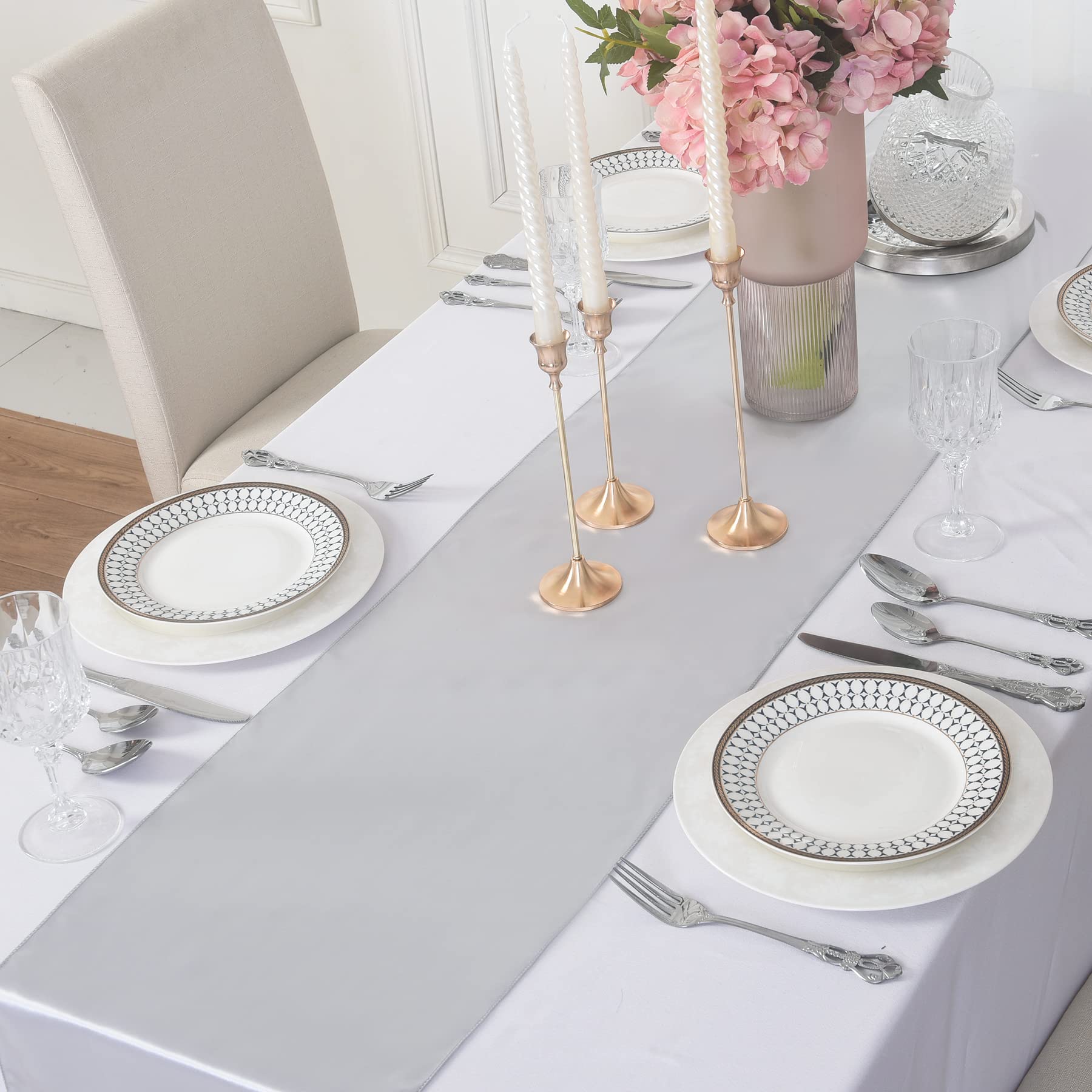 12 Pack Satin Table Runner, 12  108 Inch For Party Wedding, Birthday, Banquets,Graduation Engagements, Christmas, Decoration(Sil