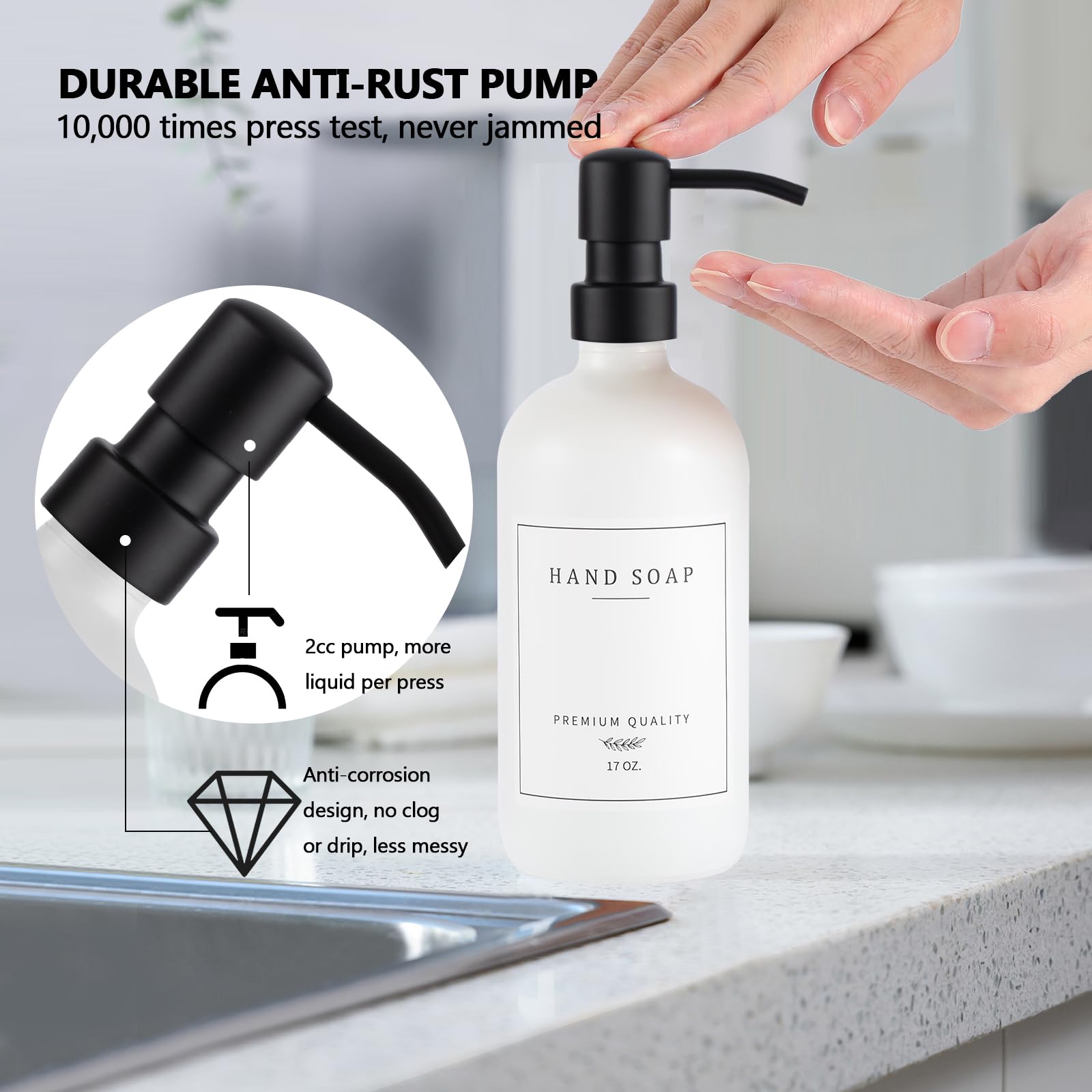 Thick Glass Soap Dispenser - Kitchen Dish Soap Dispenser &Hand Soap Dispenser Set,Rustproof Pump Soap Dispenser Bathroom With Tr