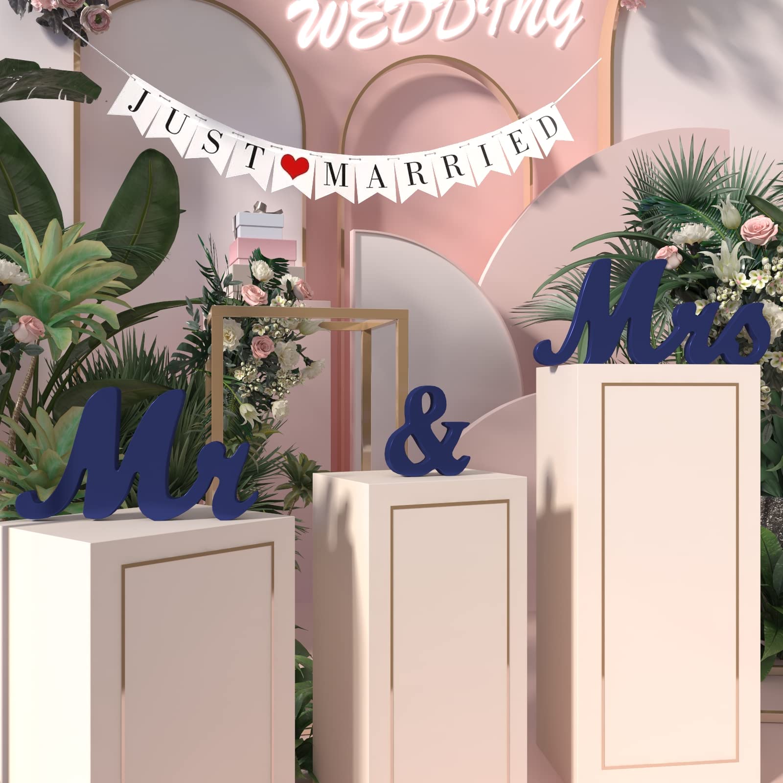 Viopvery Wedding Decorations Set,Large Blue Mr And Mrs Sign & Just Married Banner,Mr & Mrs Signs For Wedding Table,Wooden Letter