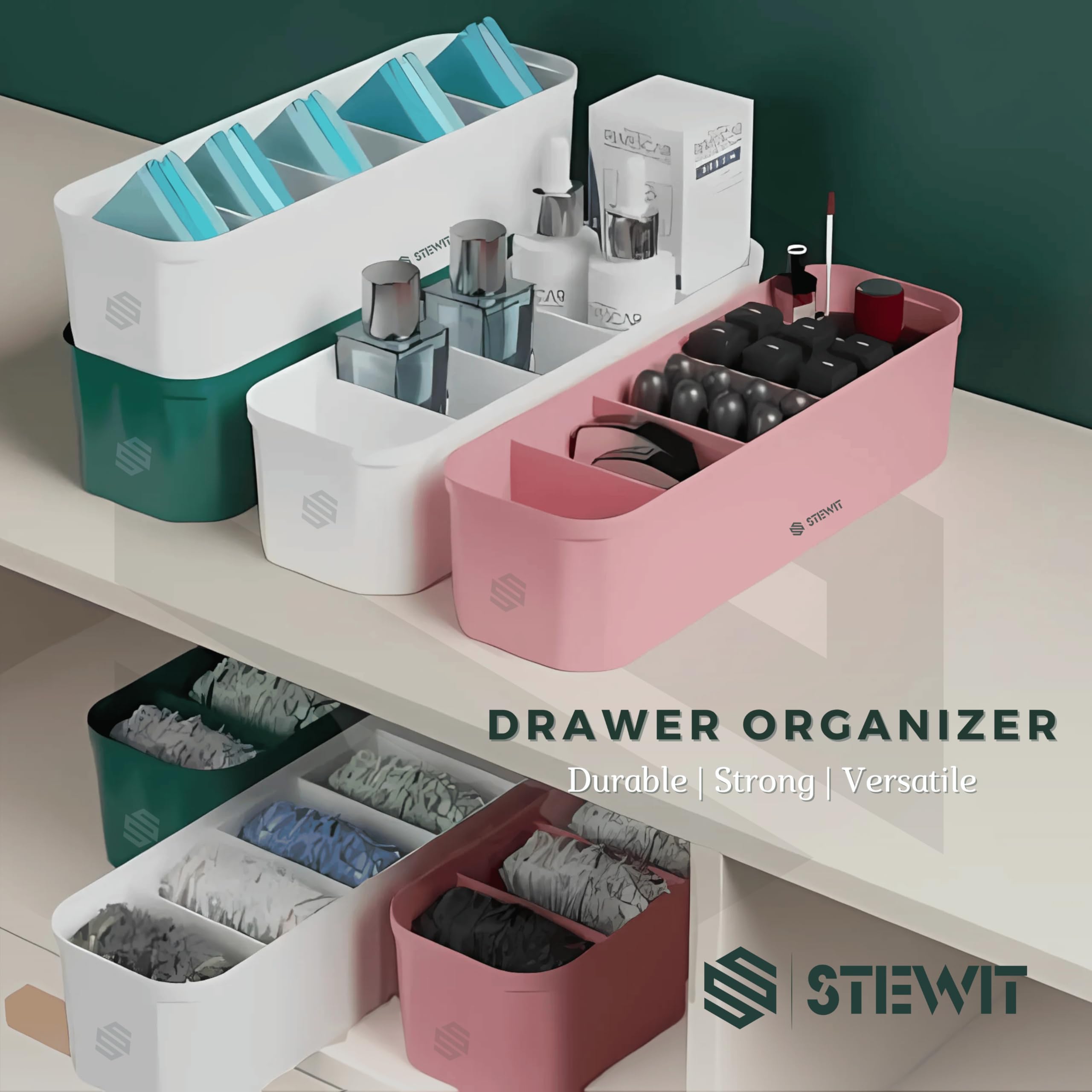 Stewit Drawer Organizers For Undergarments, Socks, Bras, Ties, Scarves, Wardrobe Storage Box Kitchen Tools (4 Pcs, Multicolor)