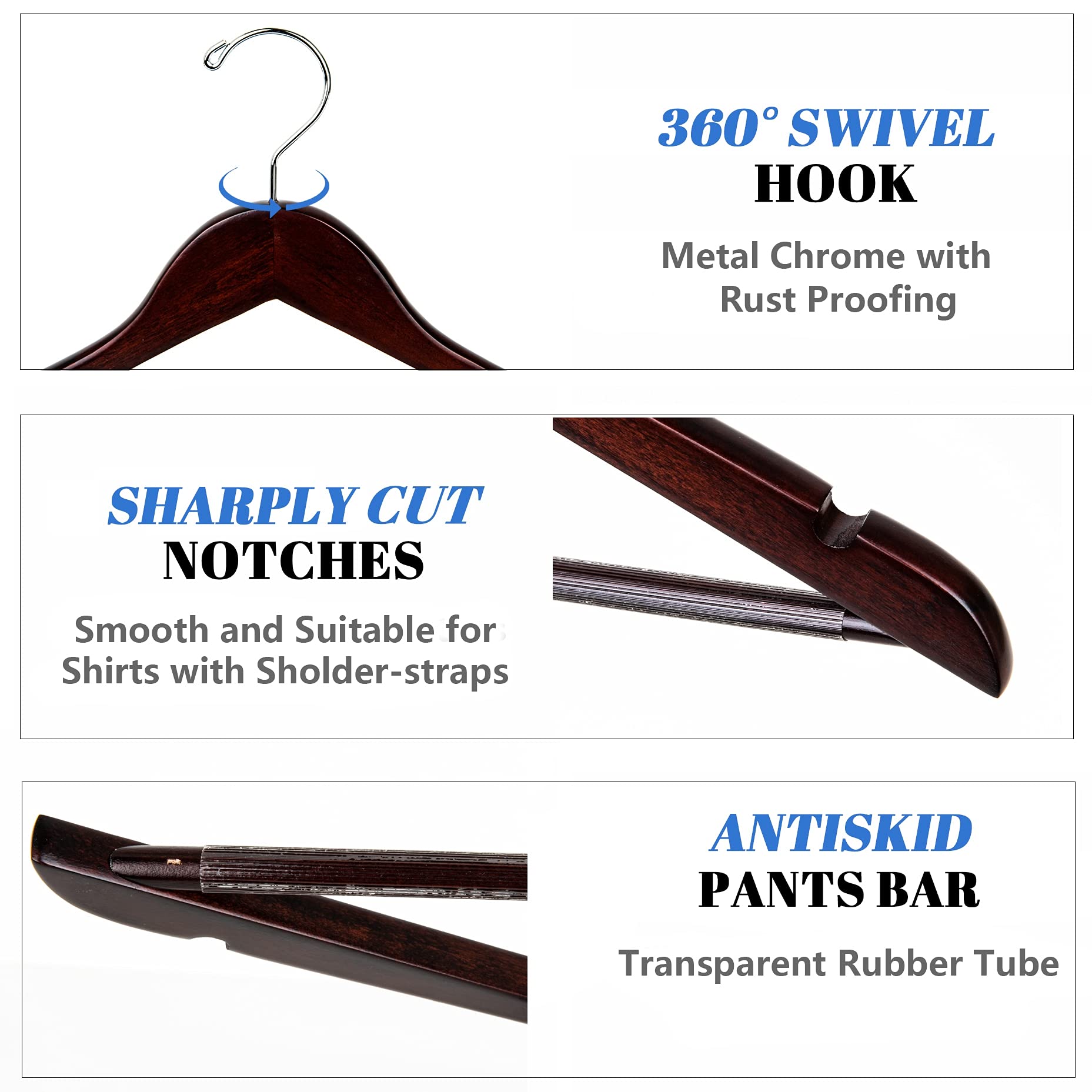 Amber Home Solid Wood Suit Coat Hangers 20 Pack  Smooth Walnut Finish Wooden Dress Hangers with Non Slip Pant Bar  Clothes Hangers with 360 Swivel Hook & Notches for Jacket  Pant  Shirt (Walnut  20)