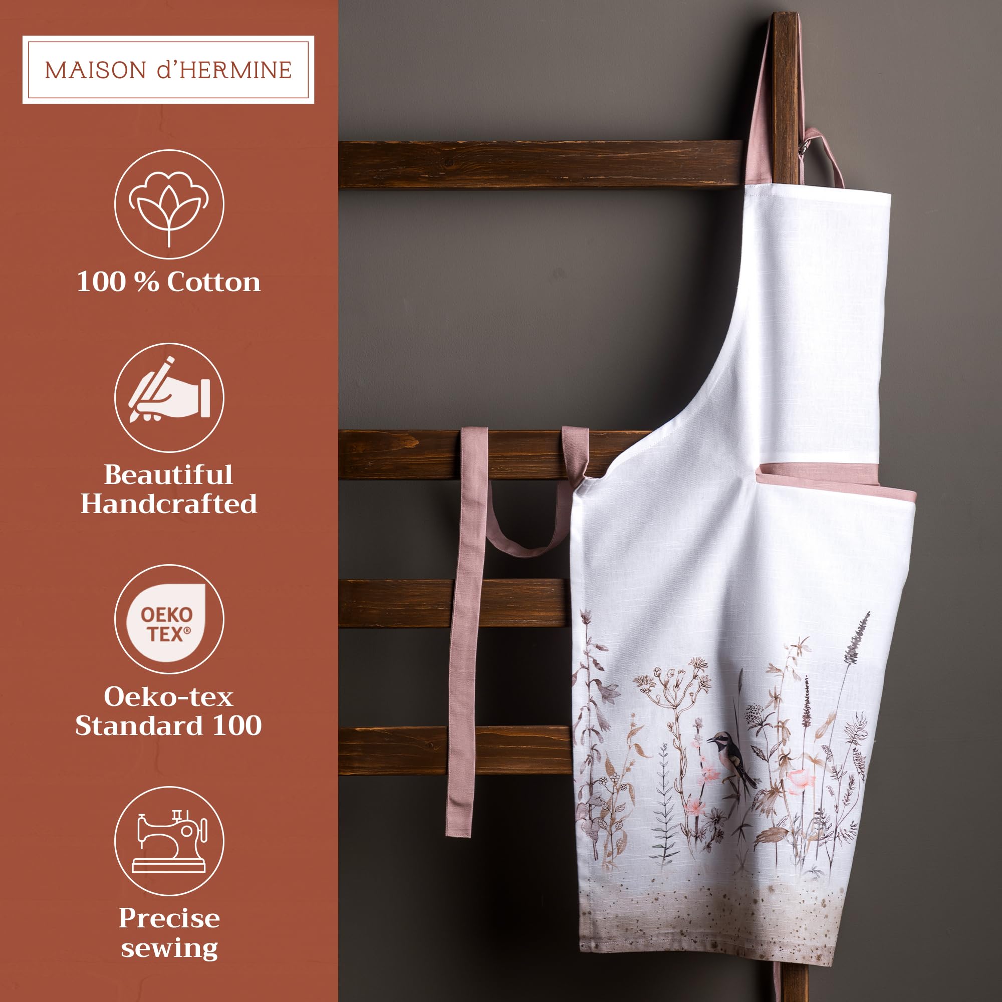 Maison d ' Hermine Apron 100% Cotton 27.50 ''x31.50 '' 1 Piece Adjustable Neck Strap Apron with Center Pocket for Gifts  BBQ  Women  Men  Chef  Meadow Florals - Brown - Spring/Summer
