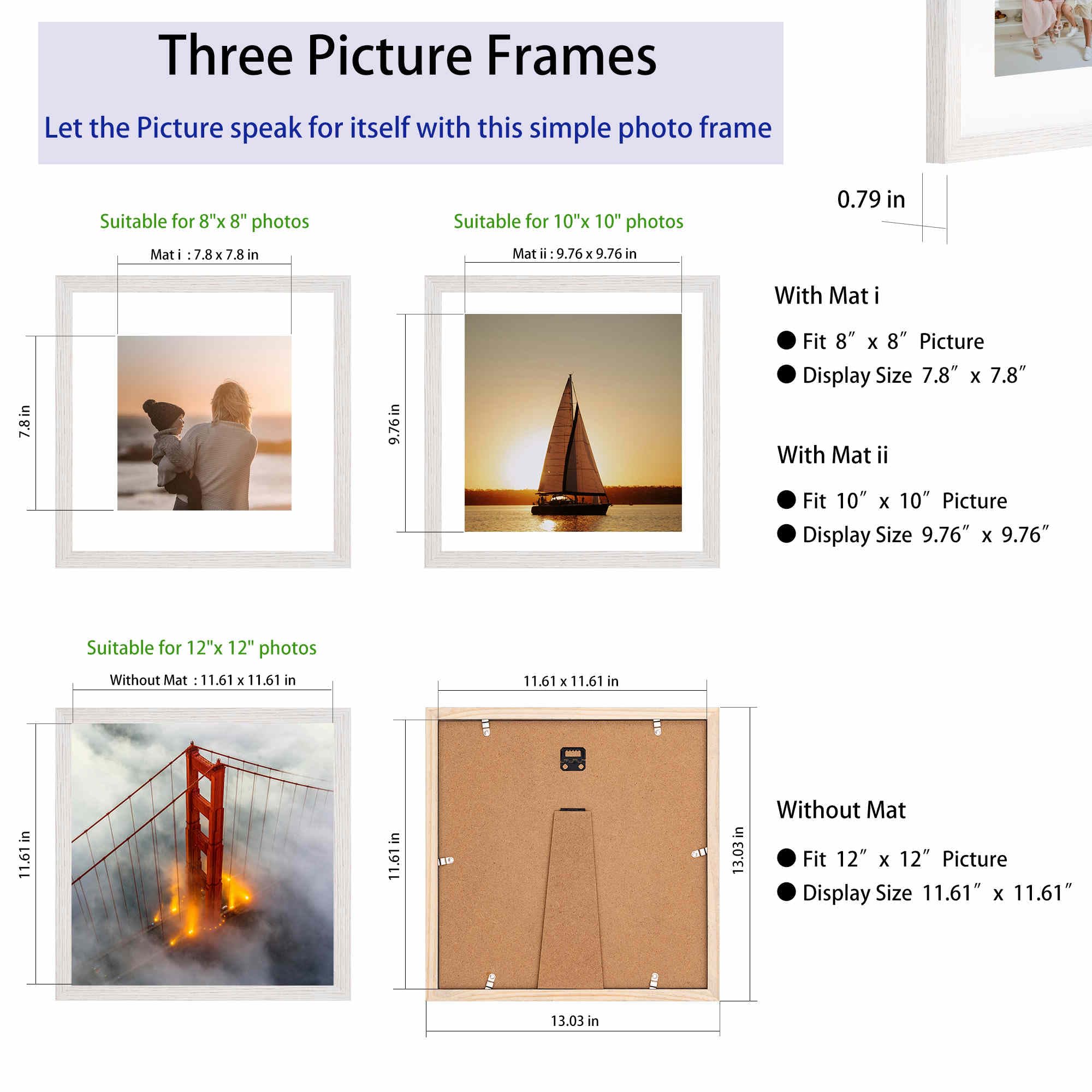 12x12 Picture Frame Set,Solid Wood,Not Glass,Display Pictures 8x8,10x10 with Mat or 12x12 Without Mat,Stable Sturdy Hanging Pict