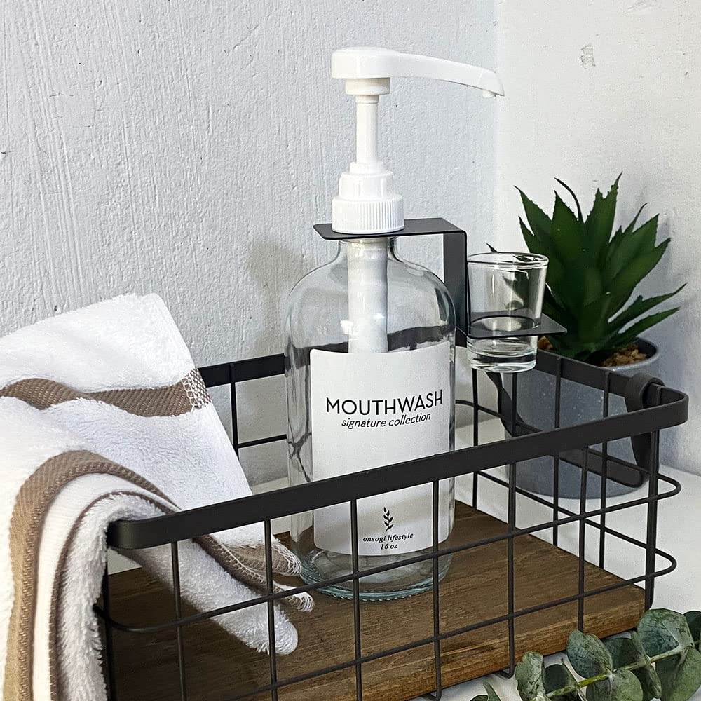 Onsogi Glass Mouthwash Dispenser With Cups Holders And Pumps, 16 Oz Rustic Boho Mouthwash Dispenser For Bathroom Farmhouse Decor