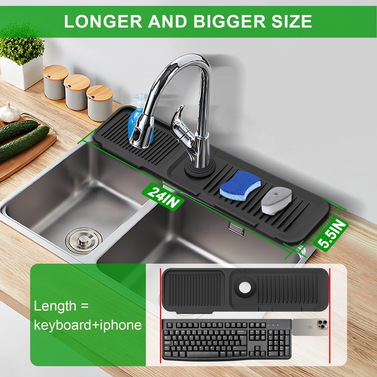 Sink Splash Guard, 5Slope Silicone Draining Mat For Kitchen Sink, 24 Inch Sink Faucet Mat, Silicone Sink Faucet Mat Splash Guard