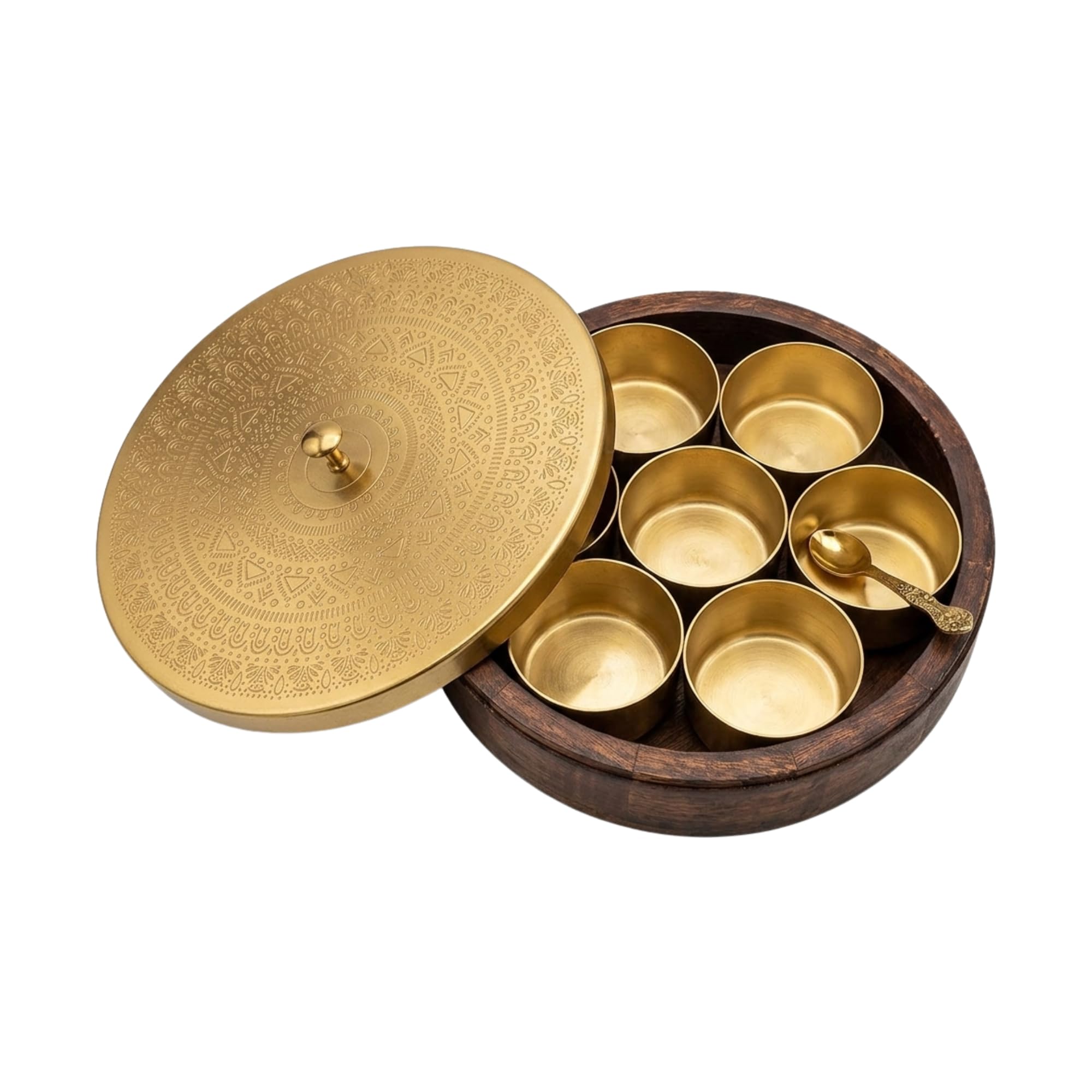 PixiePine Wooden and Brass Masala Dabba with 7 Brass Bowls