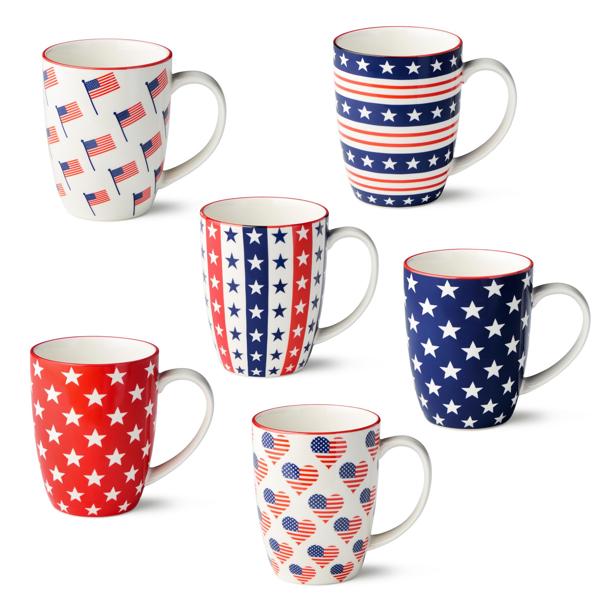 Patriotic Pad Print Porcelain MUGS SET of 6, 14 ounce red white and blue assorted star stripe and flag designs for coffee tea an