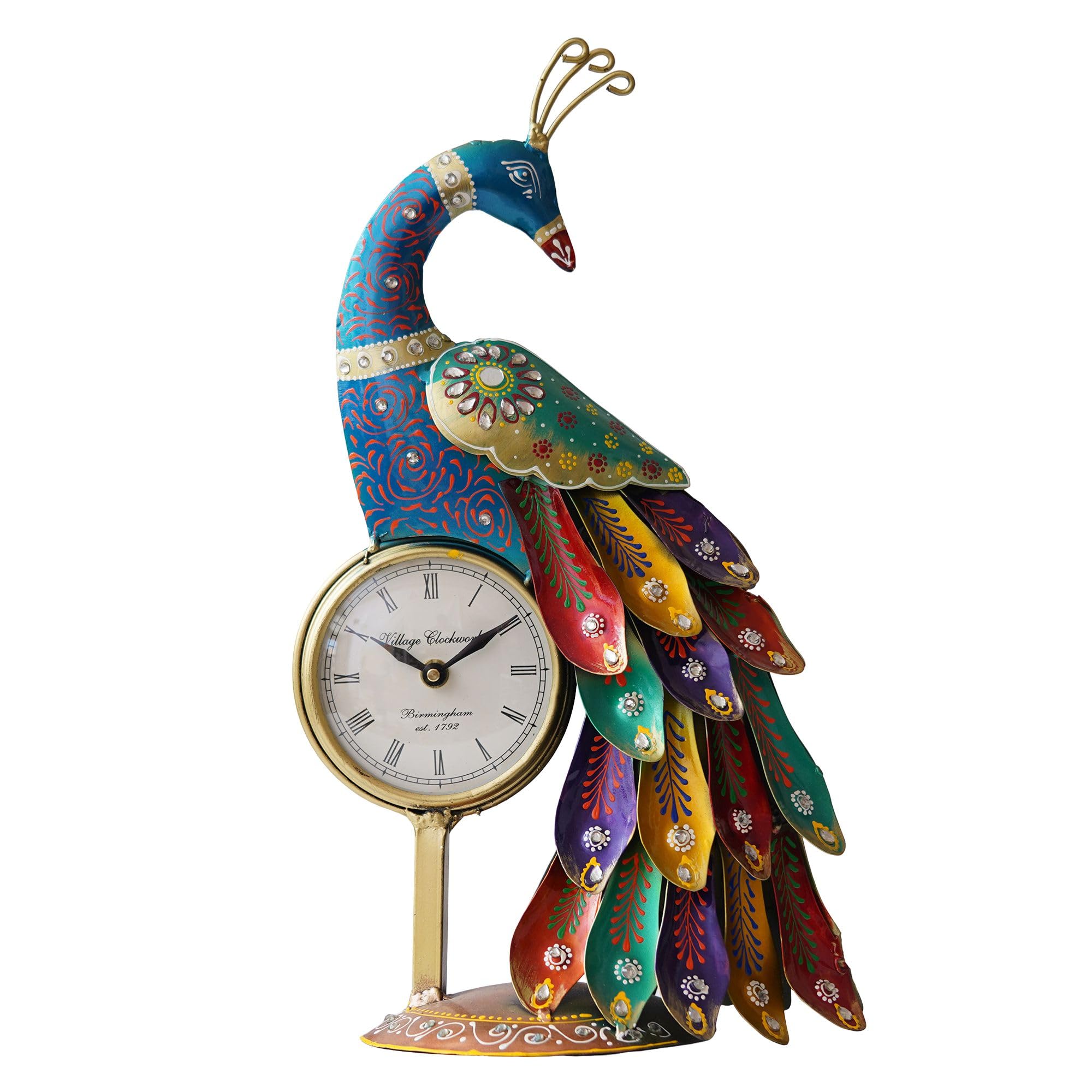 Kraftcaar Metal Peacock Showpiece With Table Clock | Decorative Iron Peacock Table Decor With Analog Clock | Desk Accent For Liv