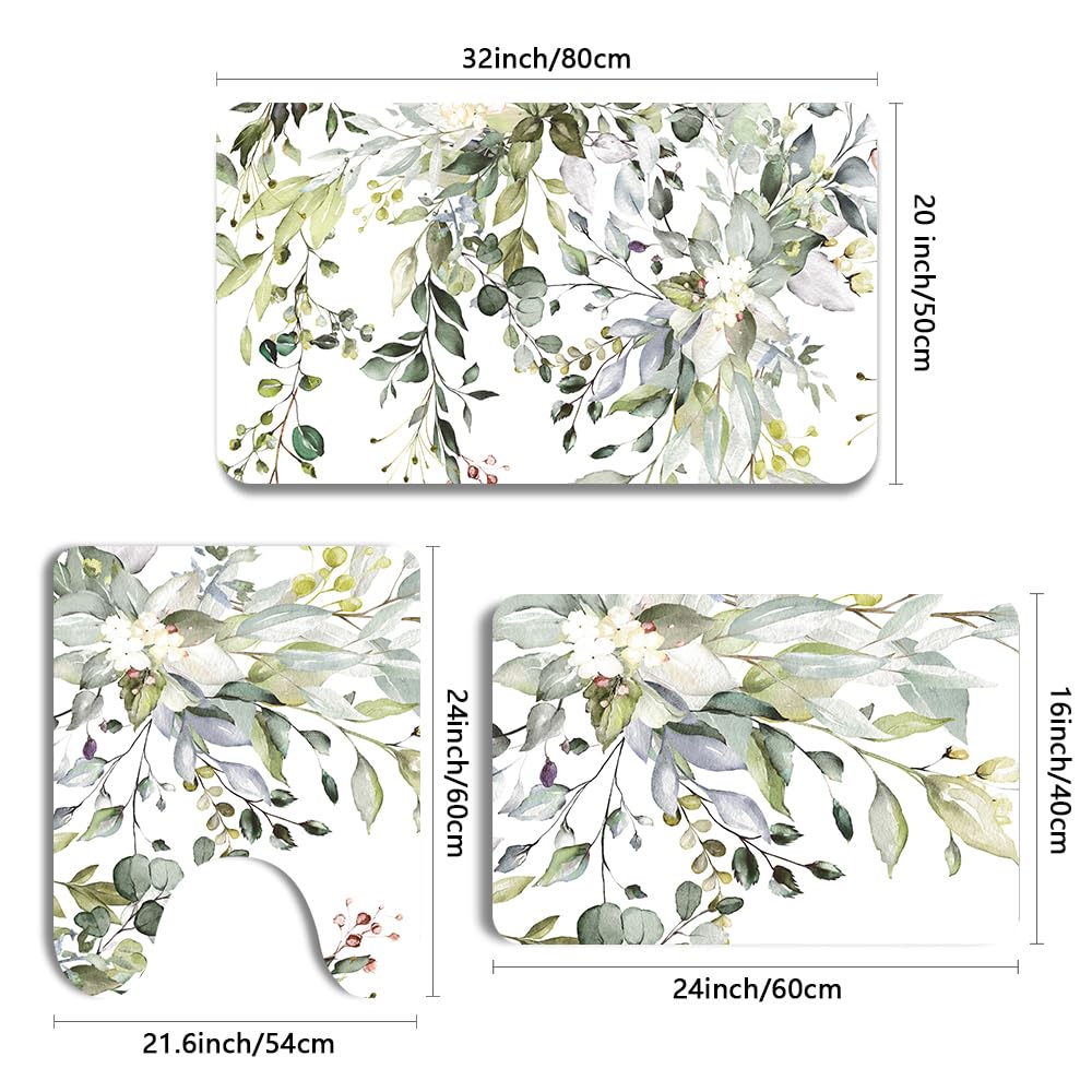Muginyu Green Leaves Bathroom Rug Set 3 Piece, Spring Floral Boho Quick Dry Bath Mat Set Of 3,Eucalyptus Plant Minimalistthin Ru