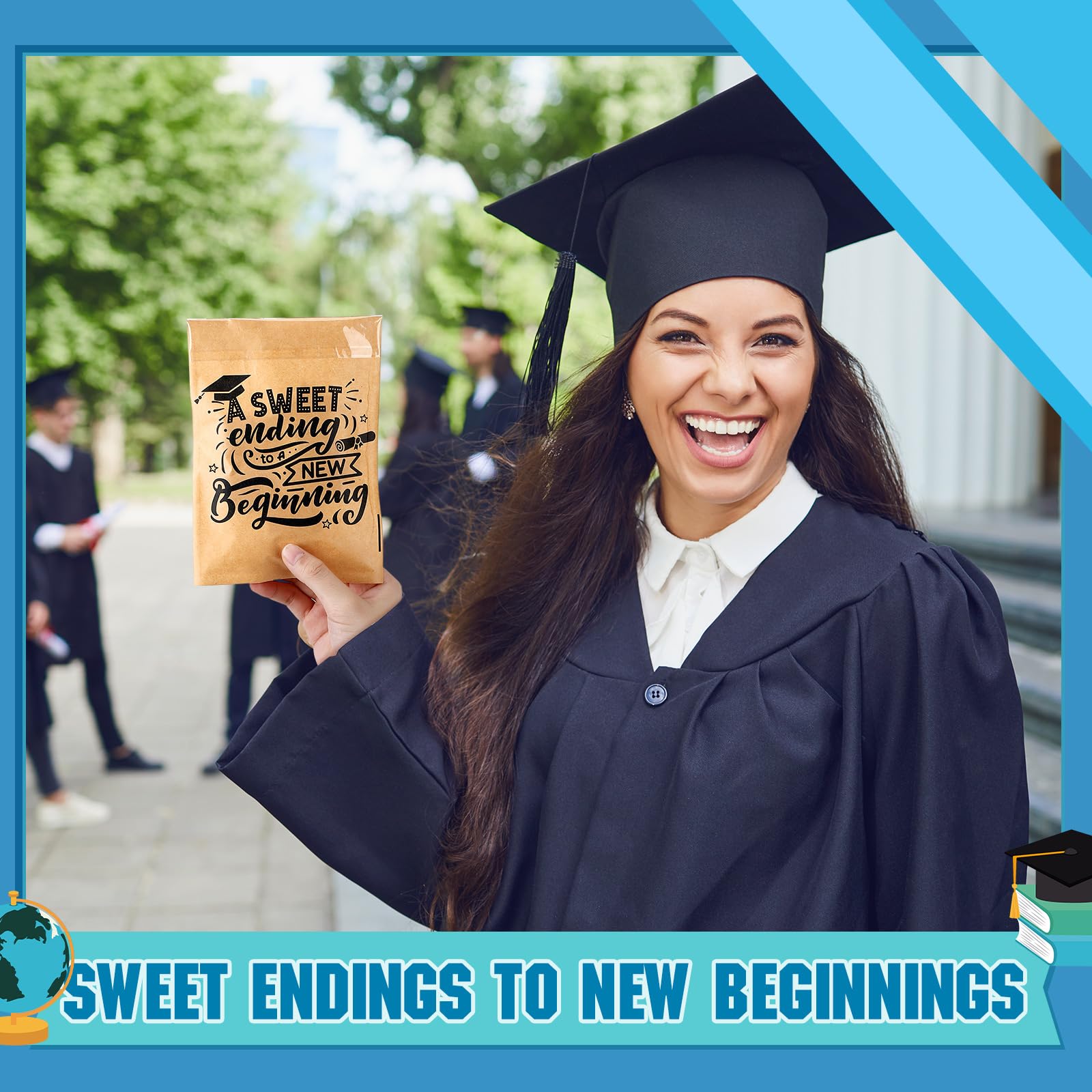 MotiMind 100 Pcs Clear Graduation Cookie Bags Front Paper Self-Adhesive Gift Bags Sweet Endings to New Beginnings Kraft Paper Tr