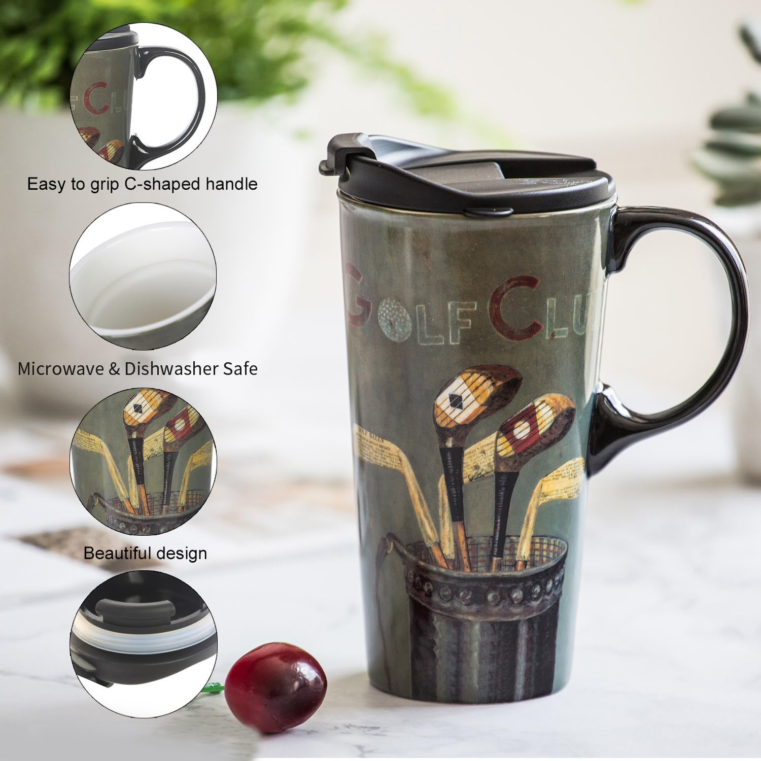 Topadorn Coffee Ceramic Mug Porcelain Latte Tea Cup With Lid 17Oz,Golf