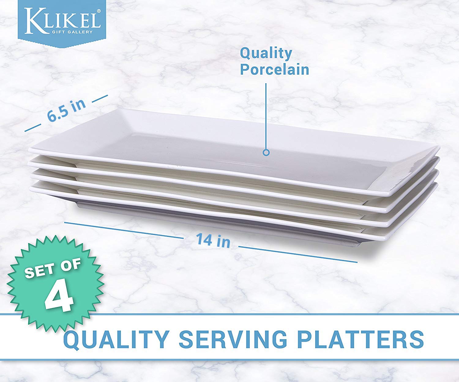 Klikel 4 Serving Platters - Classic White Plate - Serving Trays For Parties - Microwave And Dishwasher Safe - 6.5 X 14 Inch