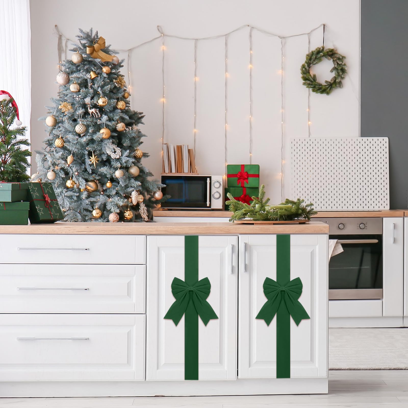 Syhood 8 Pieces Christmas Cabinet Big Bows Door Decorative Ribbon Festive Large Cabinet Ribbon Bows for Kitchen Cabinets Furnitu