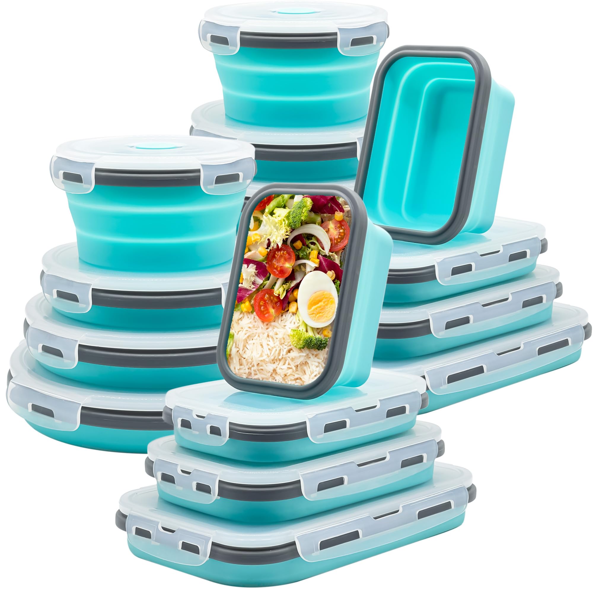 Lunememo 16 Pack Collapsible Silicone Food Storage Containers with Lids, Freezer & Dishwasher Safe, Foldable Lunch Box for Campe