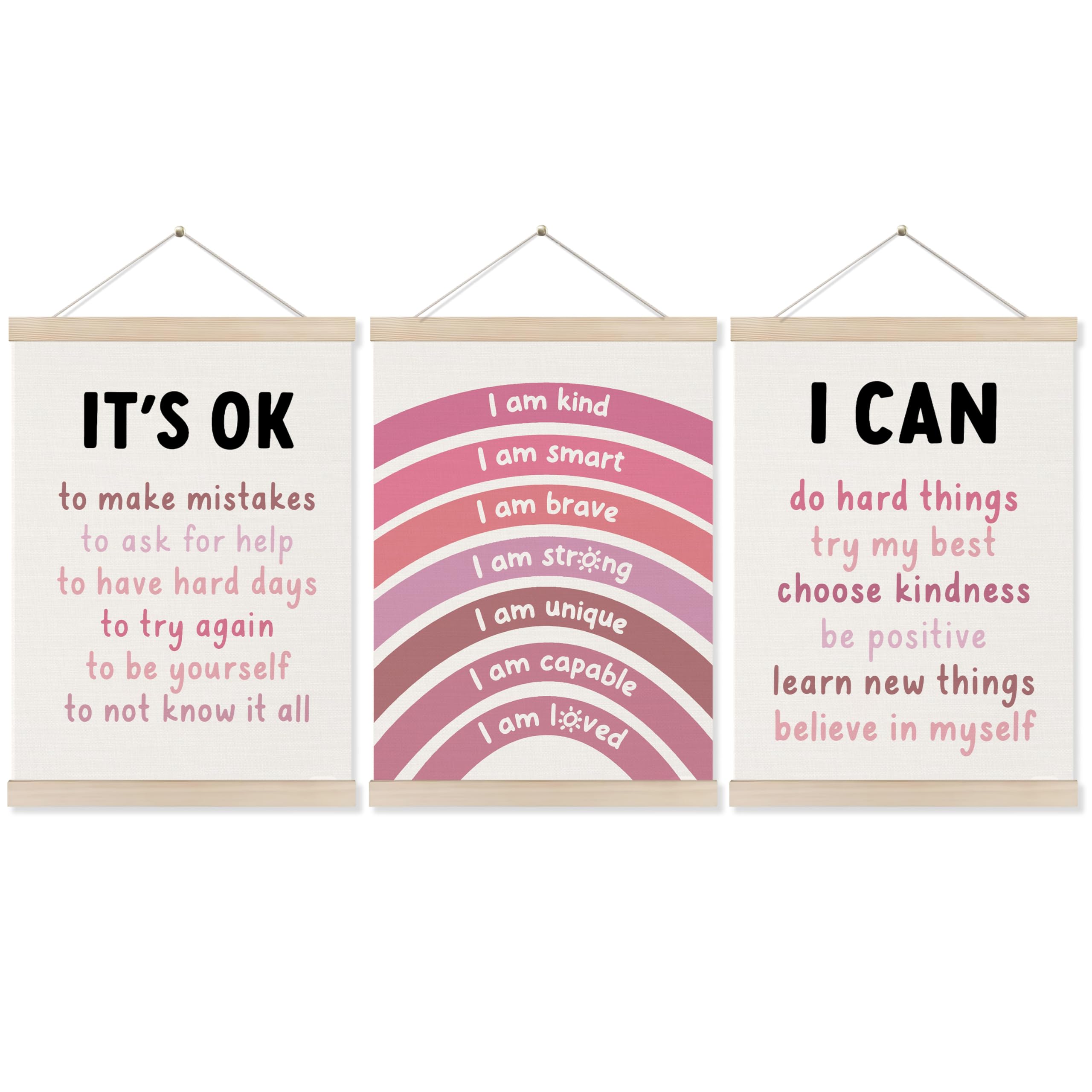 Koesus Inspirational Classroom Pink Rainbow Wall Art Poster Hanger Frame 12X16 Inch Set Of 3, Positive Affirmations For Kids, Mo