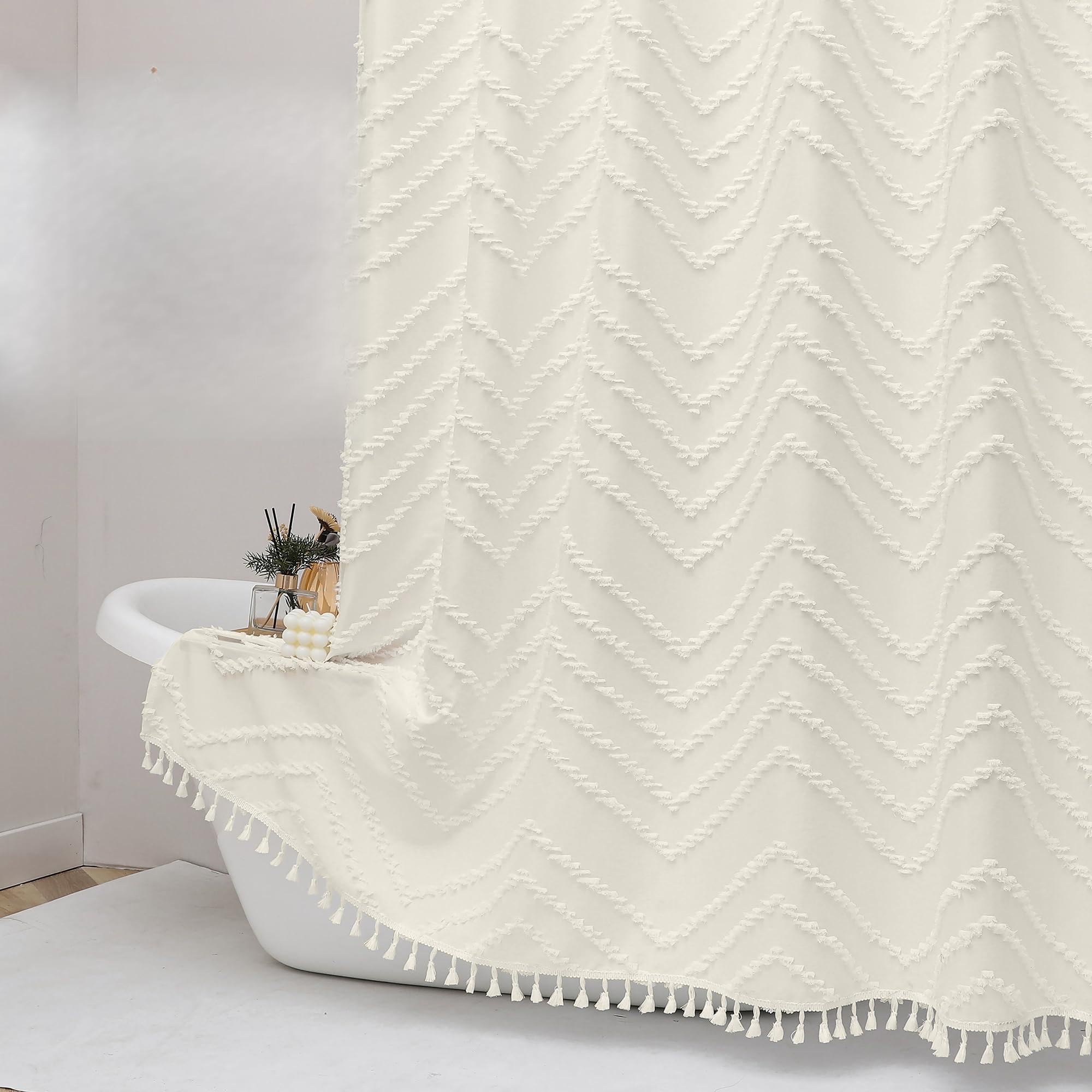 Owenie Beige Fabric Shower Curtain, Boho Shower Curtains For Bathroom Chic Tufted Chevron Striped Textured With Tassel, Soft Hot